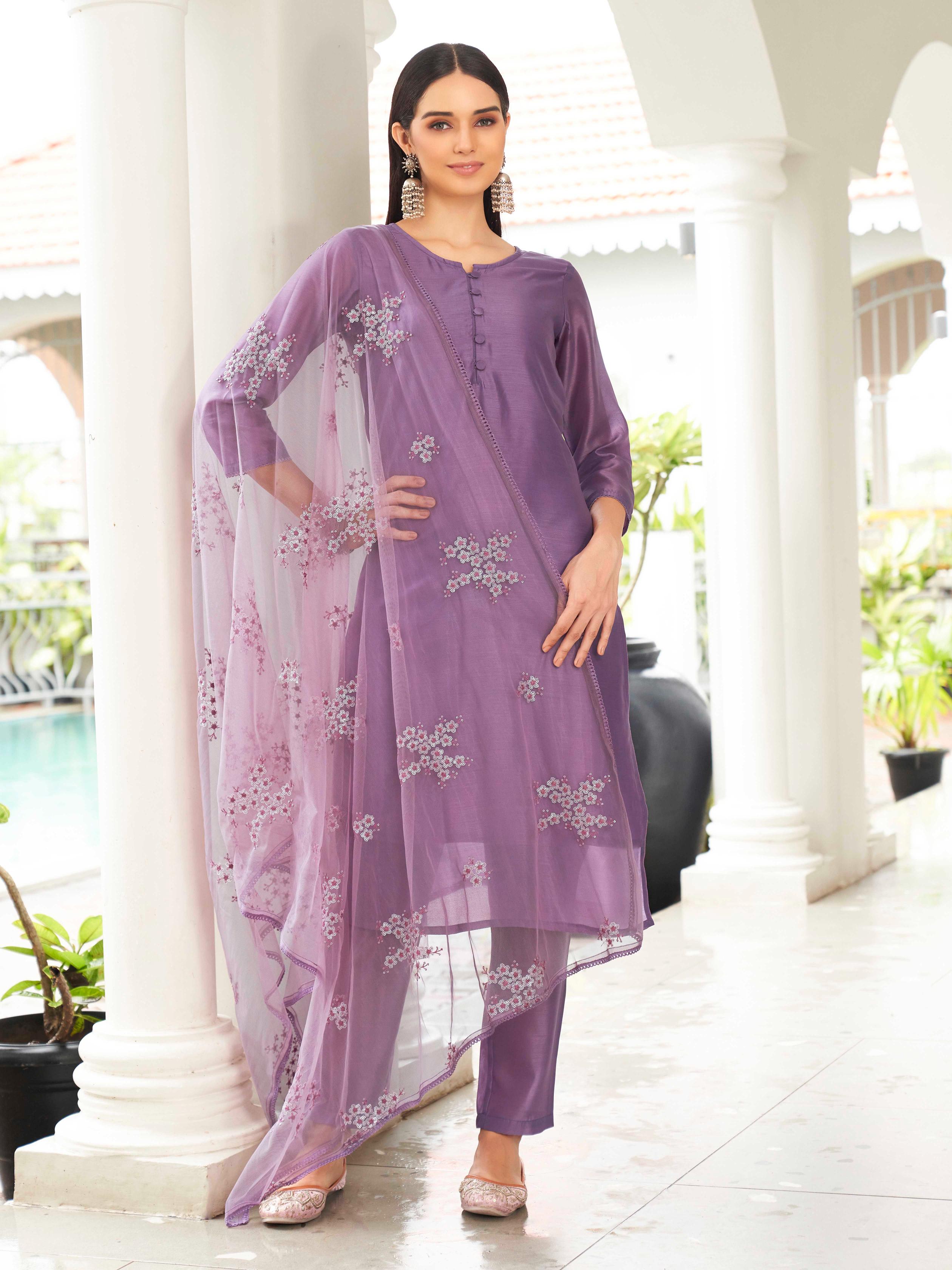 Purple Color Silk Blend Solid Kurta Set With Embroidered Dupatta