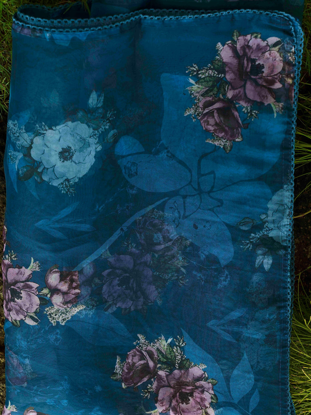 Teal Blue Color Cotton Blend Multi Embroidered Kurta Set With Printed Organza Dupatta