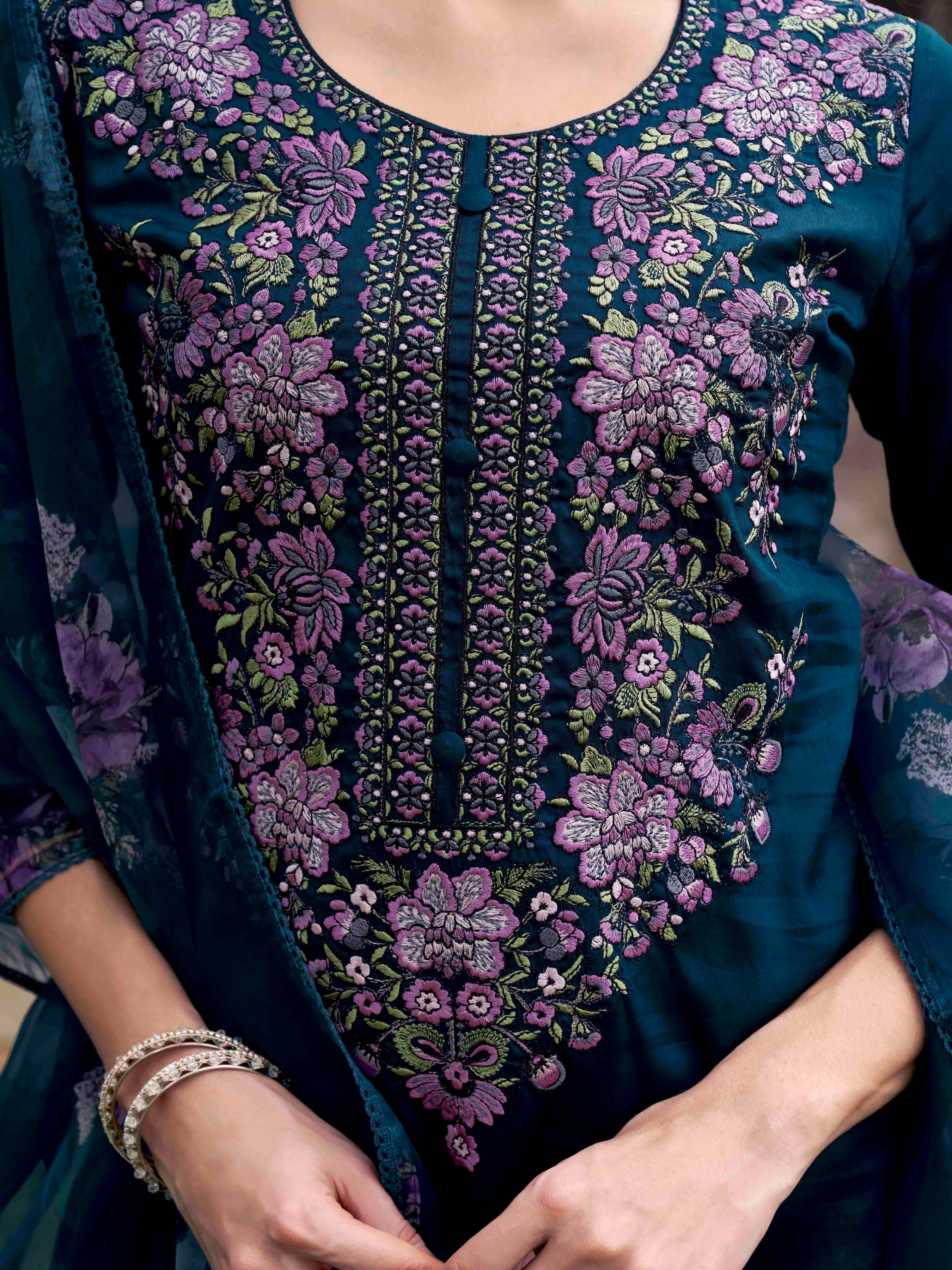 Teal Blue Color Cotton Blend Multi Embroidered Kurta Set With Printed Organza Dupatta