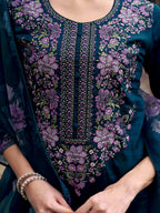 Teal Blue Color Cotton Blend Multi Embroidered Kurta Set With Printed Organza Dupatta