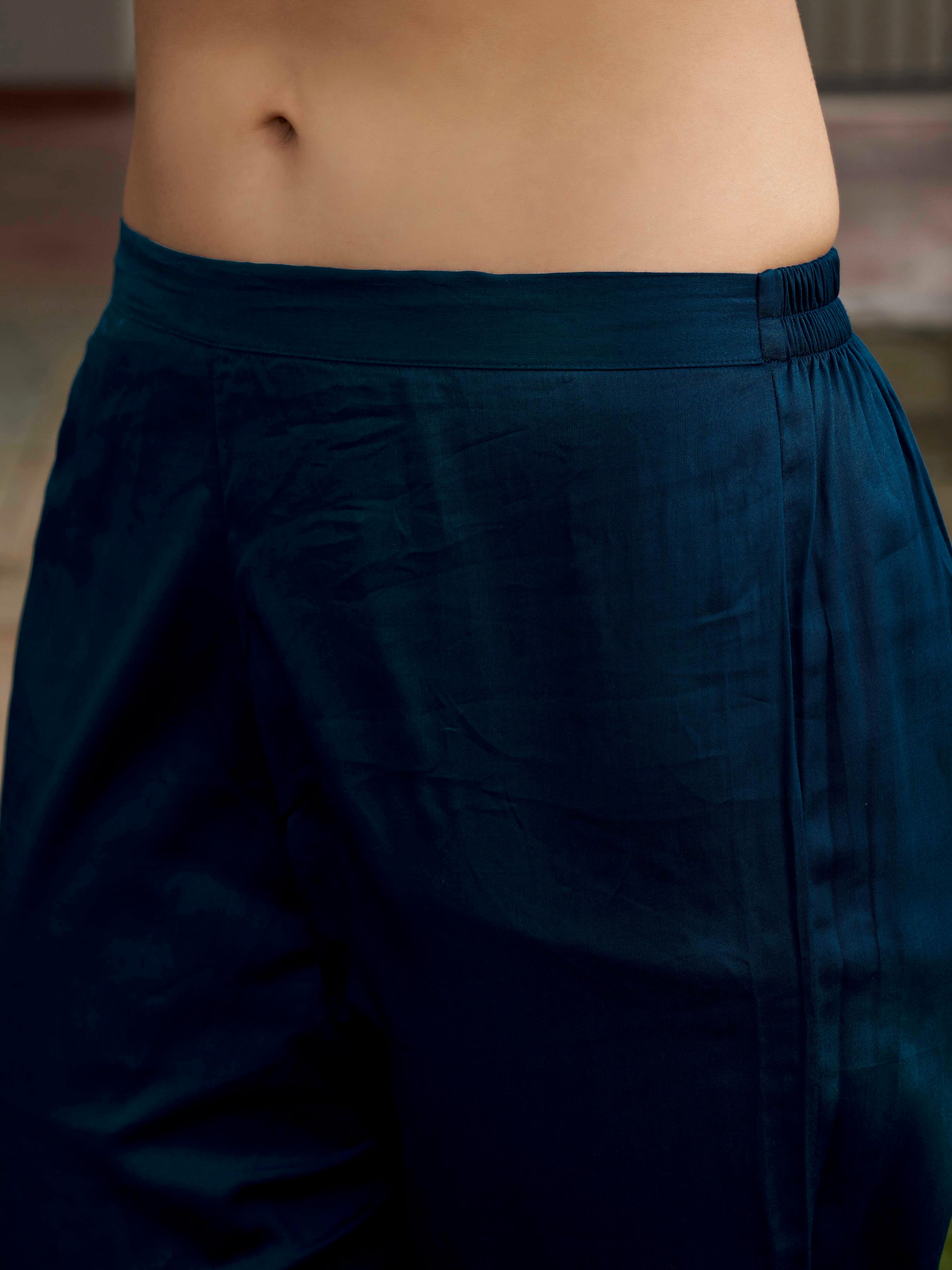 Teal Blue Color Cotton Blend Multi Embroidered Kurta Set With Printed Organza Dupatta