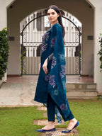Teal Blue Color Cotton Blend Multi Embroidered Kurta Set With Printed Organza Dupatta