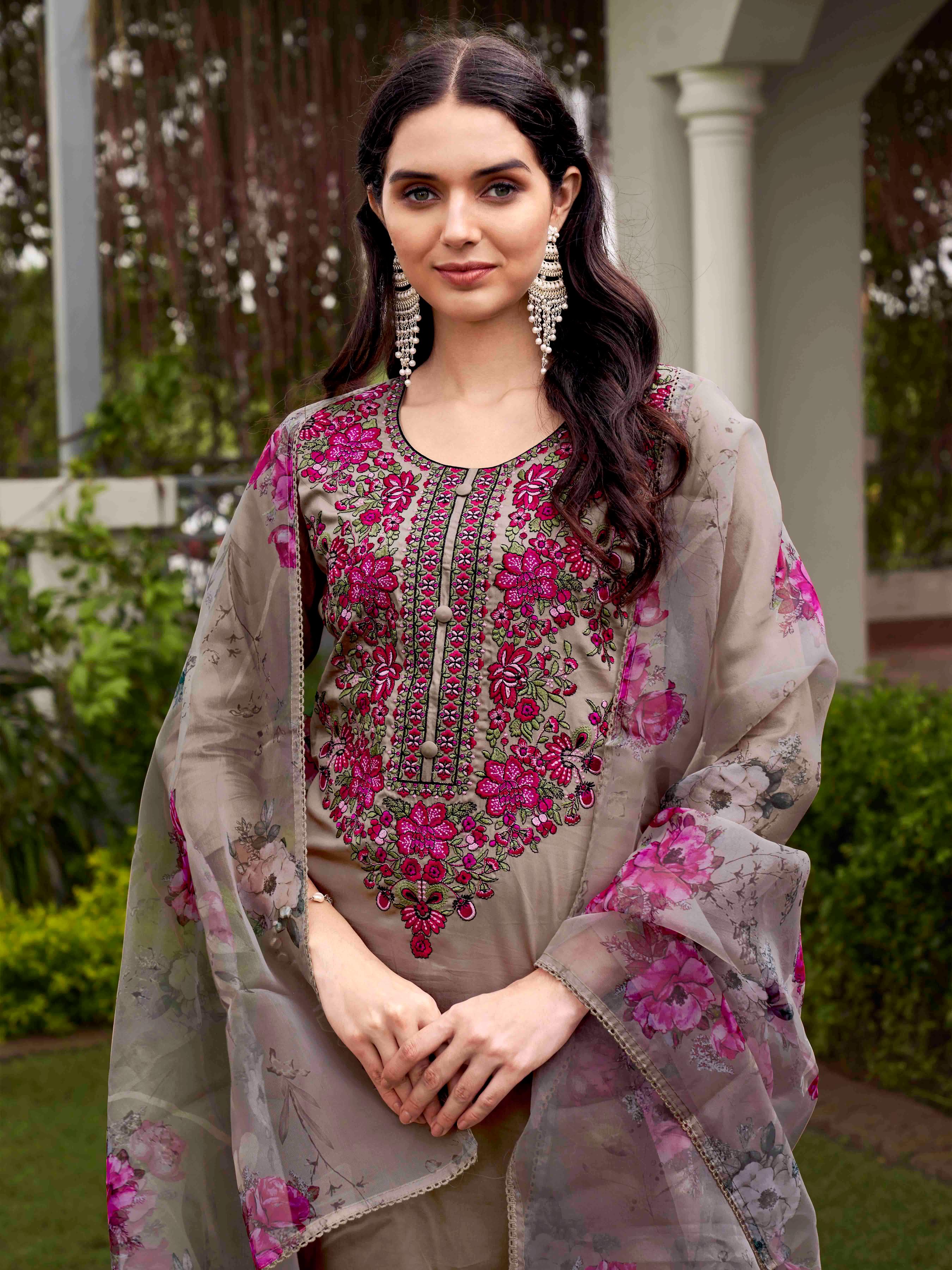 Beige Color Cotton Blend Multi Embroidered Kurta Set With Printed Organza Dupatta