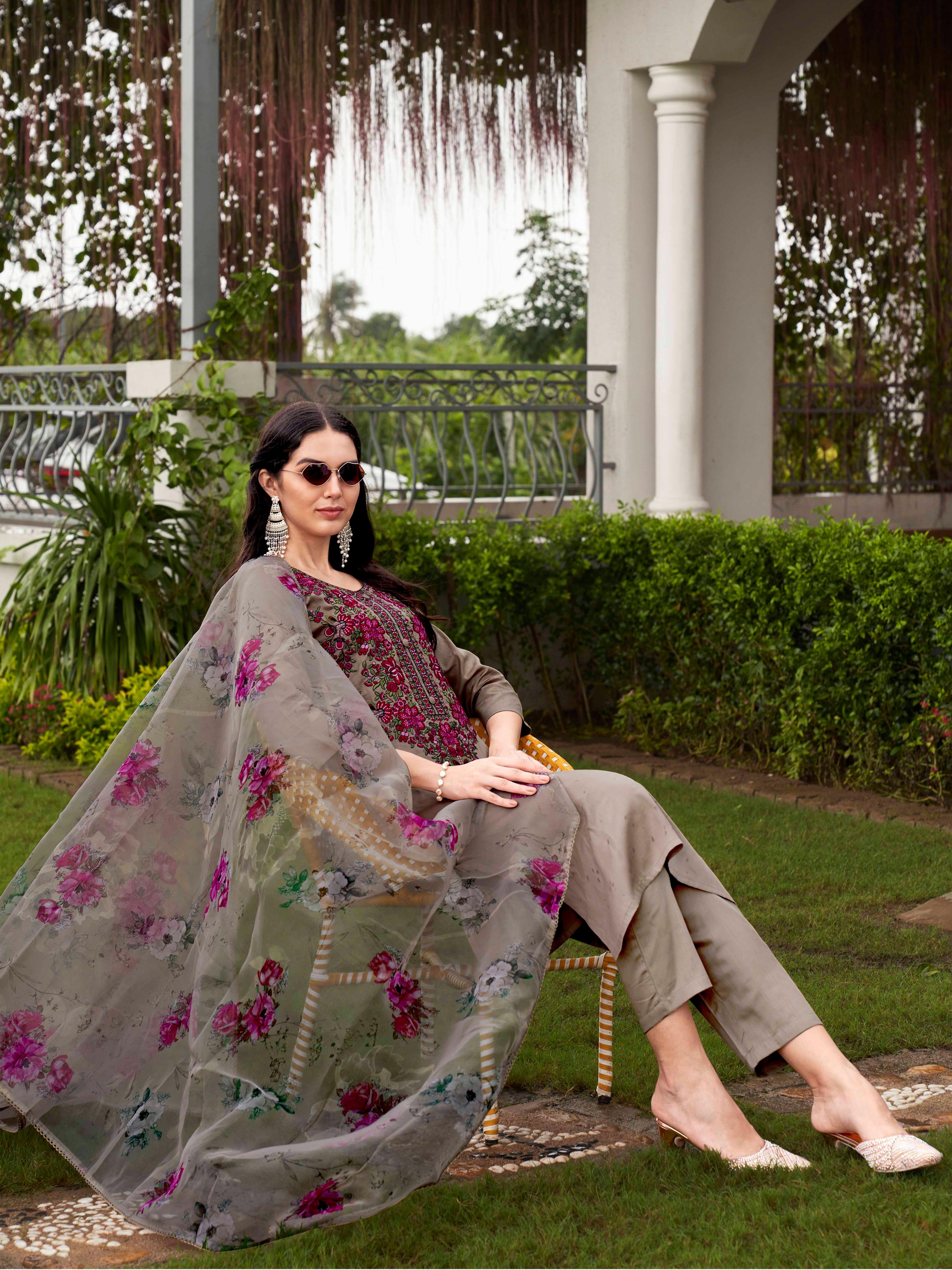 Beige Color Cotton Blend Multi Embroidered Kurta Set With Printed Organza Dupatta