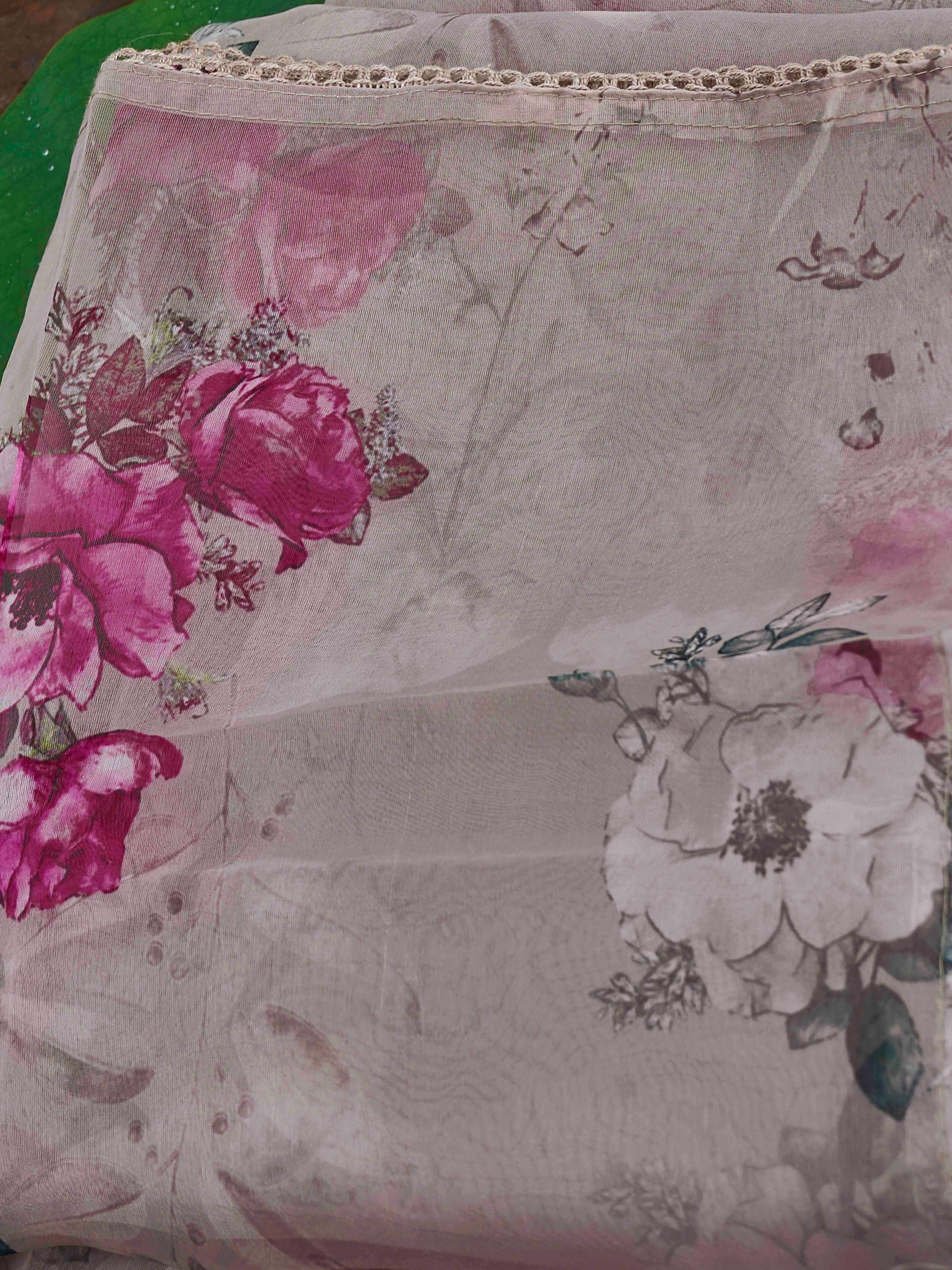 Beige Color Cotton Blend Multi Embroidered Kurta Set With Printed Organza Dupatta