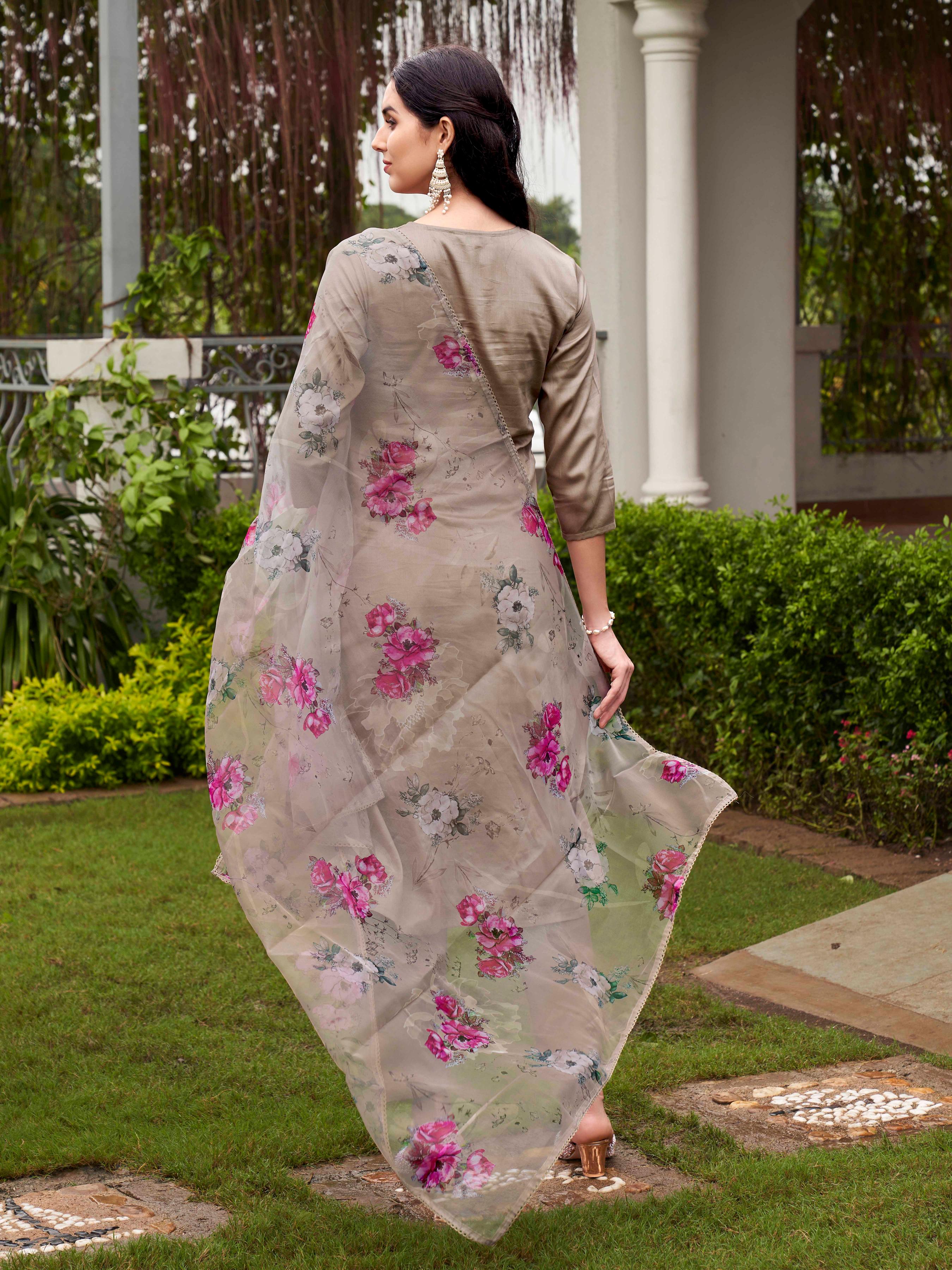 Beige Color Cotton Blend Multi Embroidered Kurta Set With Printed Organza Dupatta
