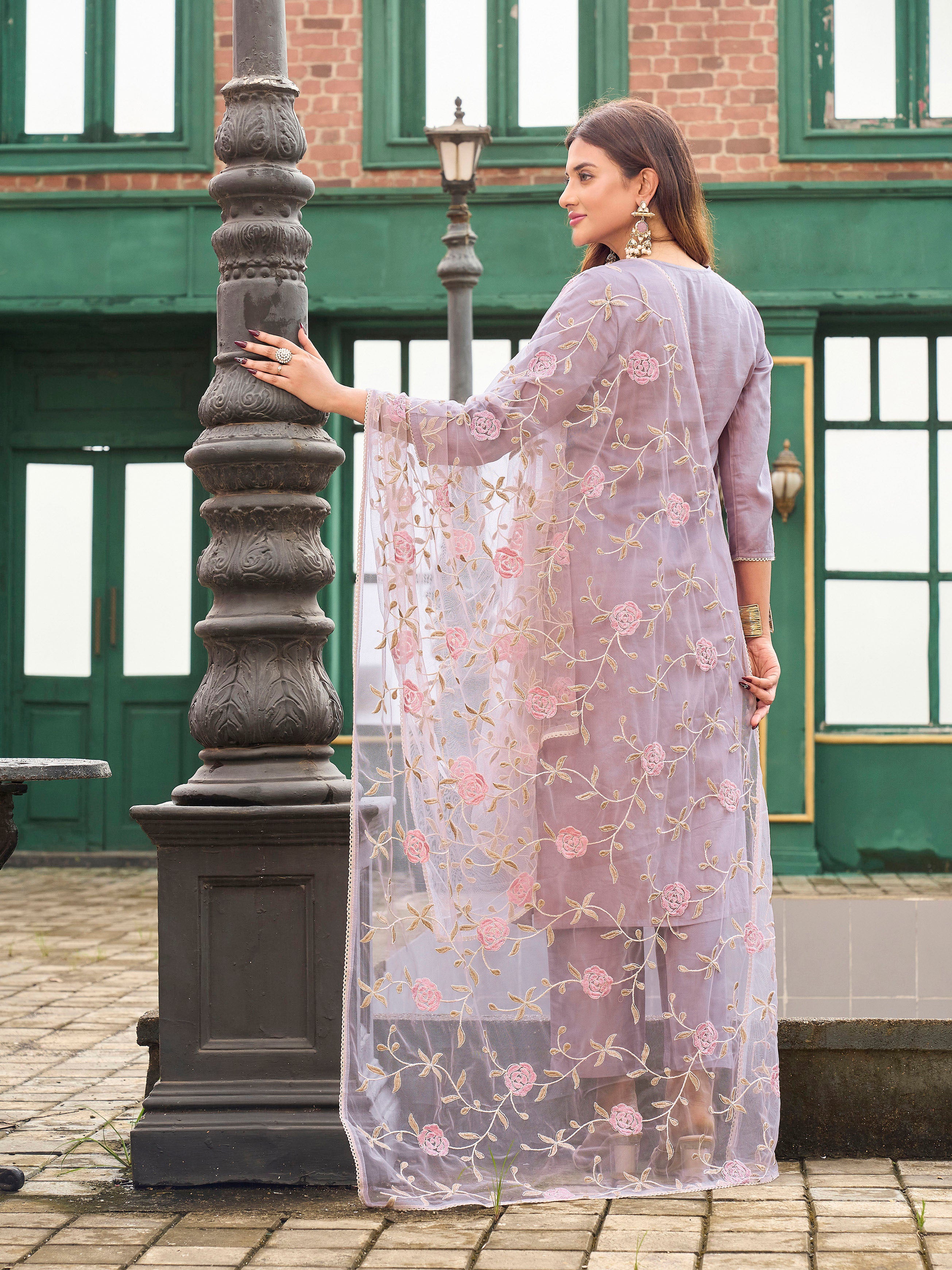 Mauve color pure cotton with off white thread embroidered kurta & trouser with dupatta set