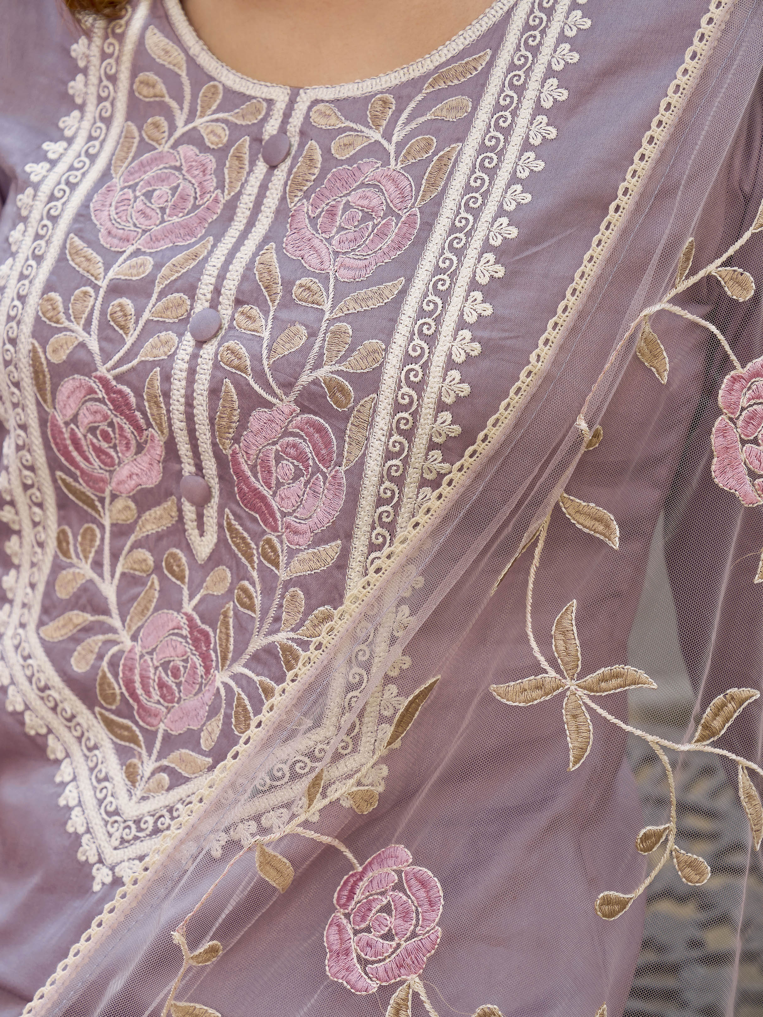 Mauve color pure cotton with off white thread embroidered kurta & trouser with dupatta set