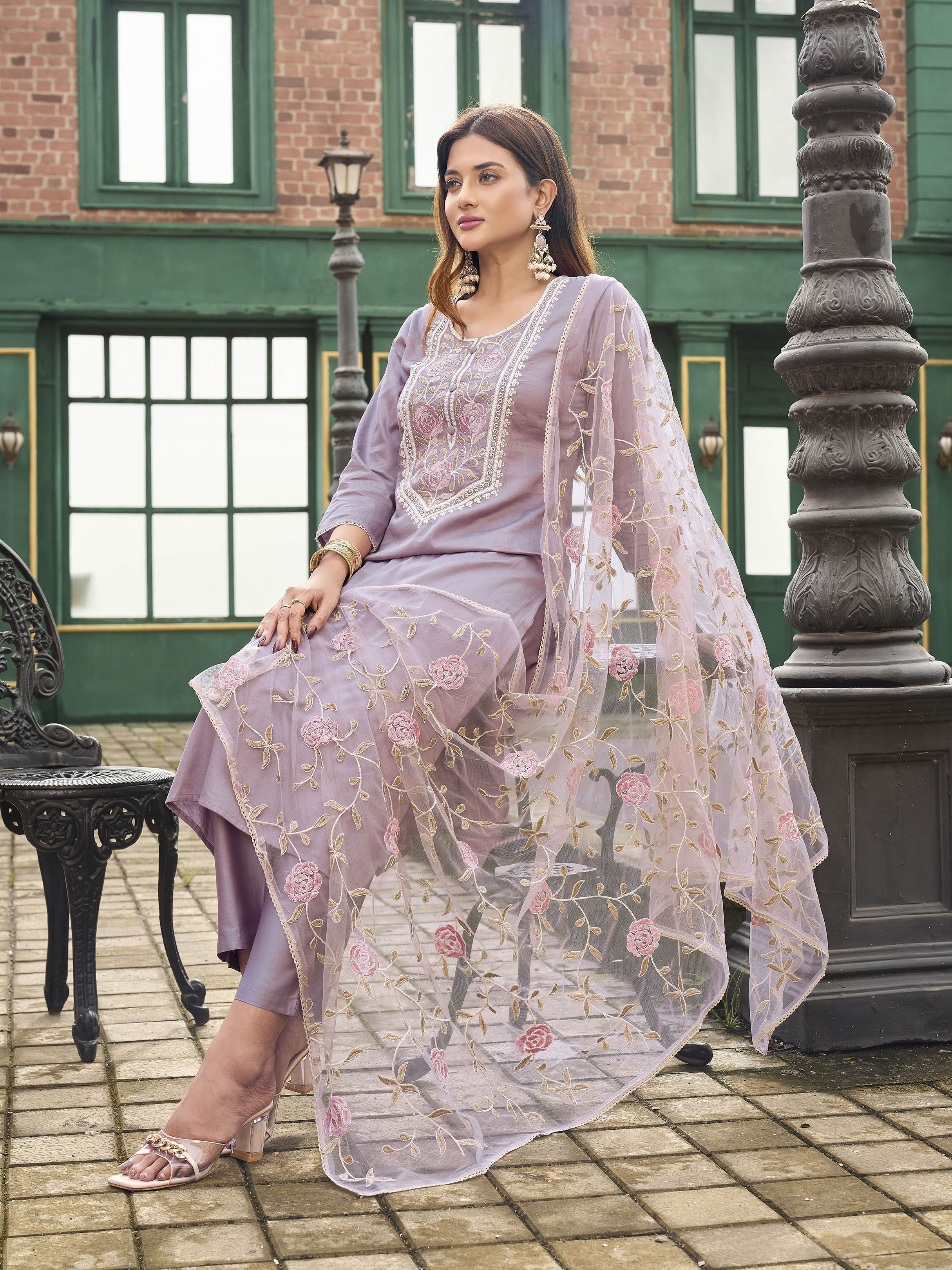 Mauve color pure cotton with off white thread embroidered kurta & trouser with dupatta set