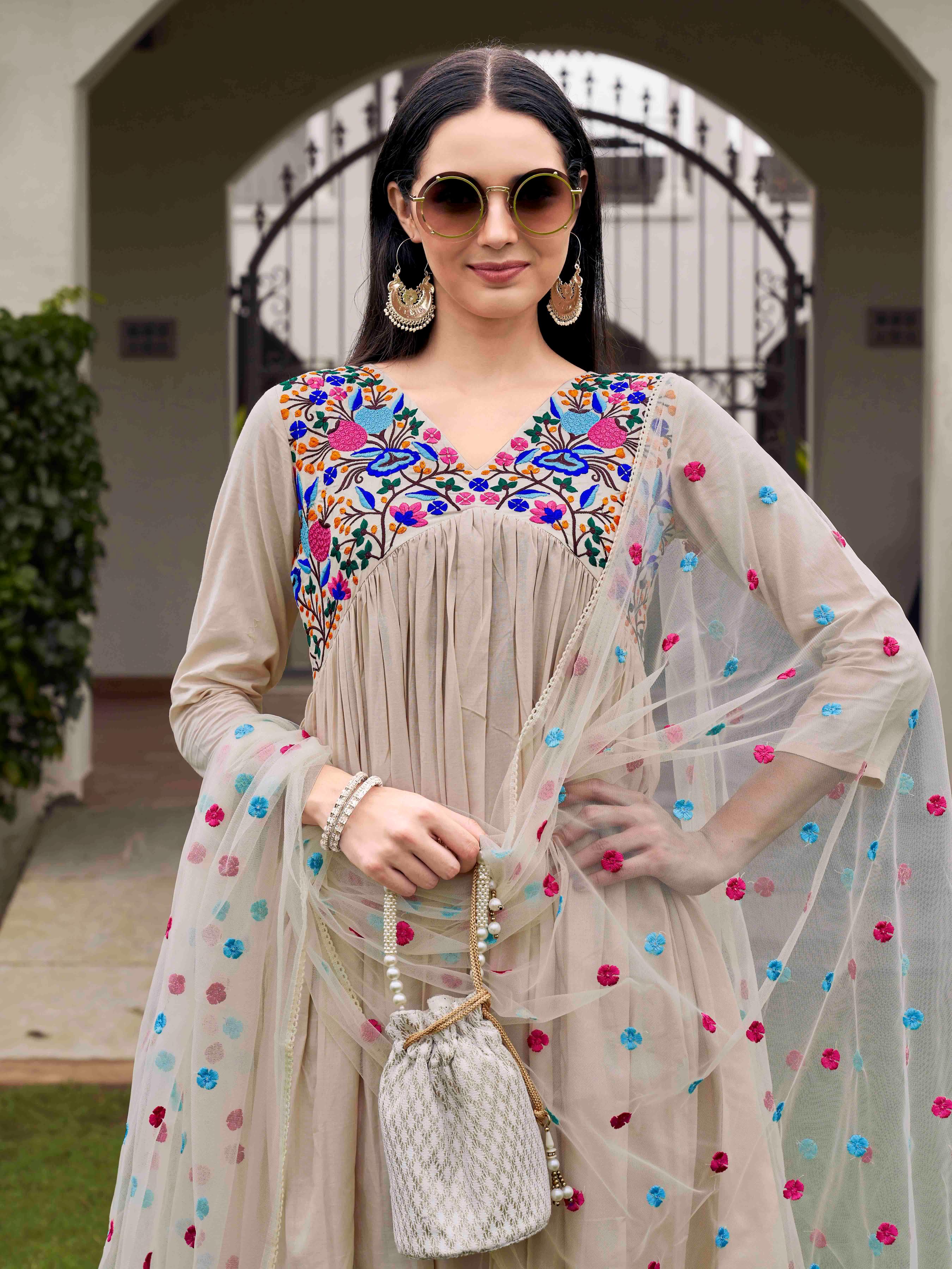 Lavender Color Pure Cotton Parsi Embroidered Flared Kurta Set