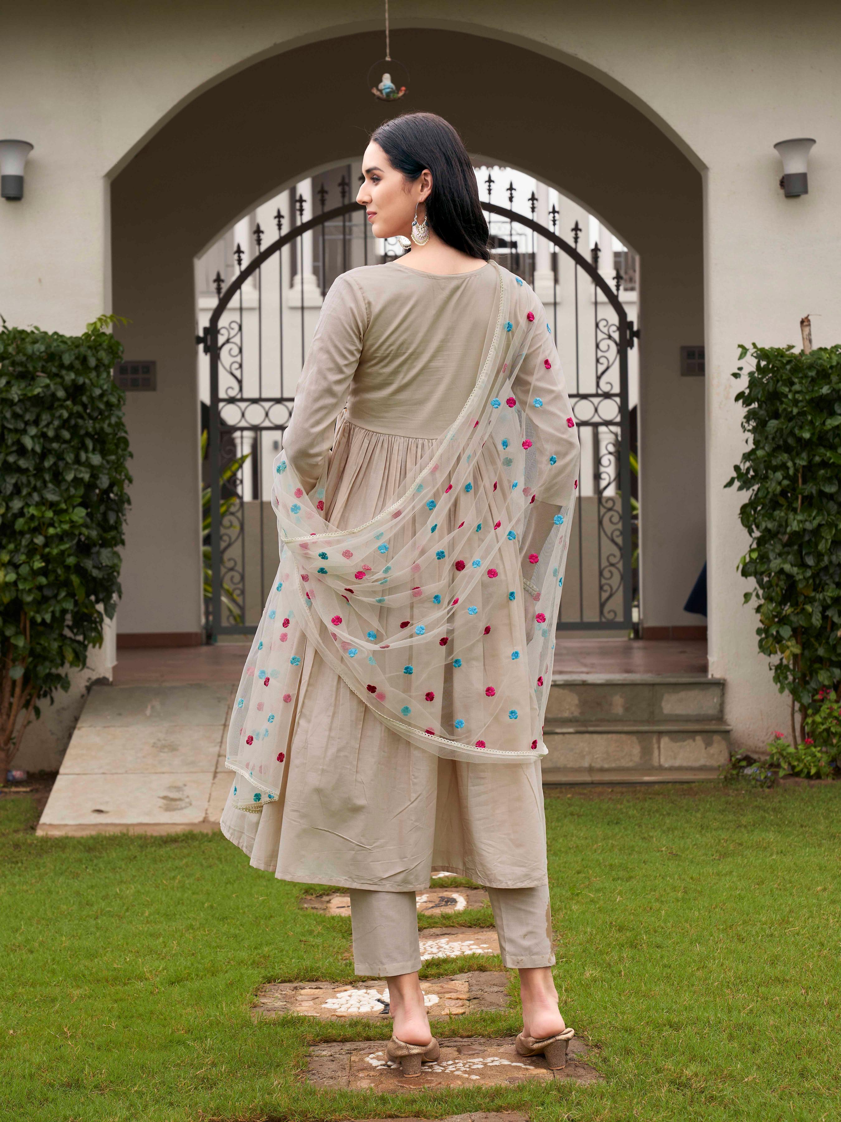 Lavender Color Pure Cotton Parsi Embroidered Flared Kurta Set