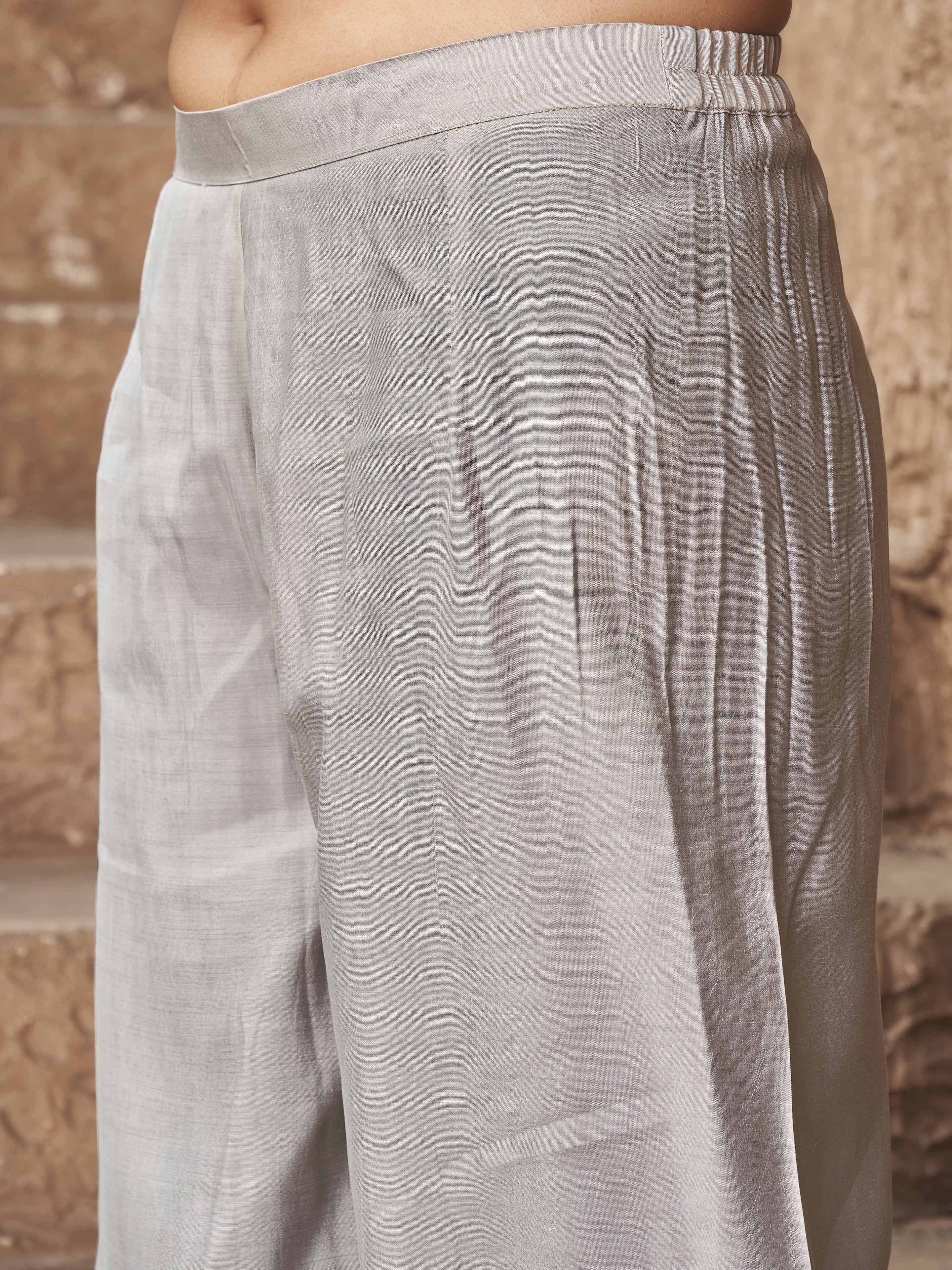 Silver Silk Blend Printed Dupatta & Multi Embroidered Kurta With Pleated Pant Set