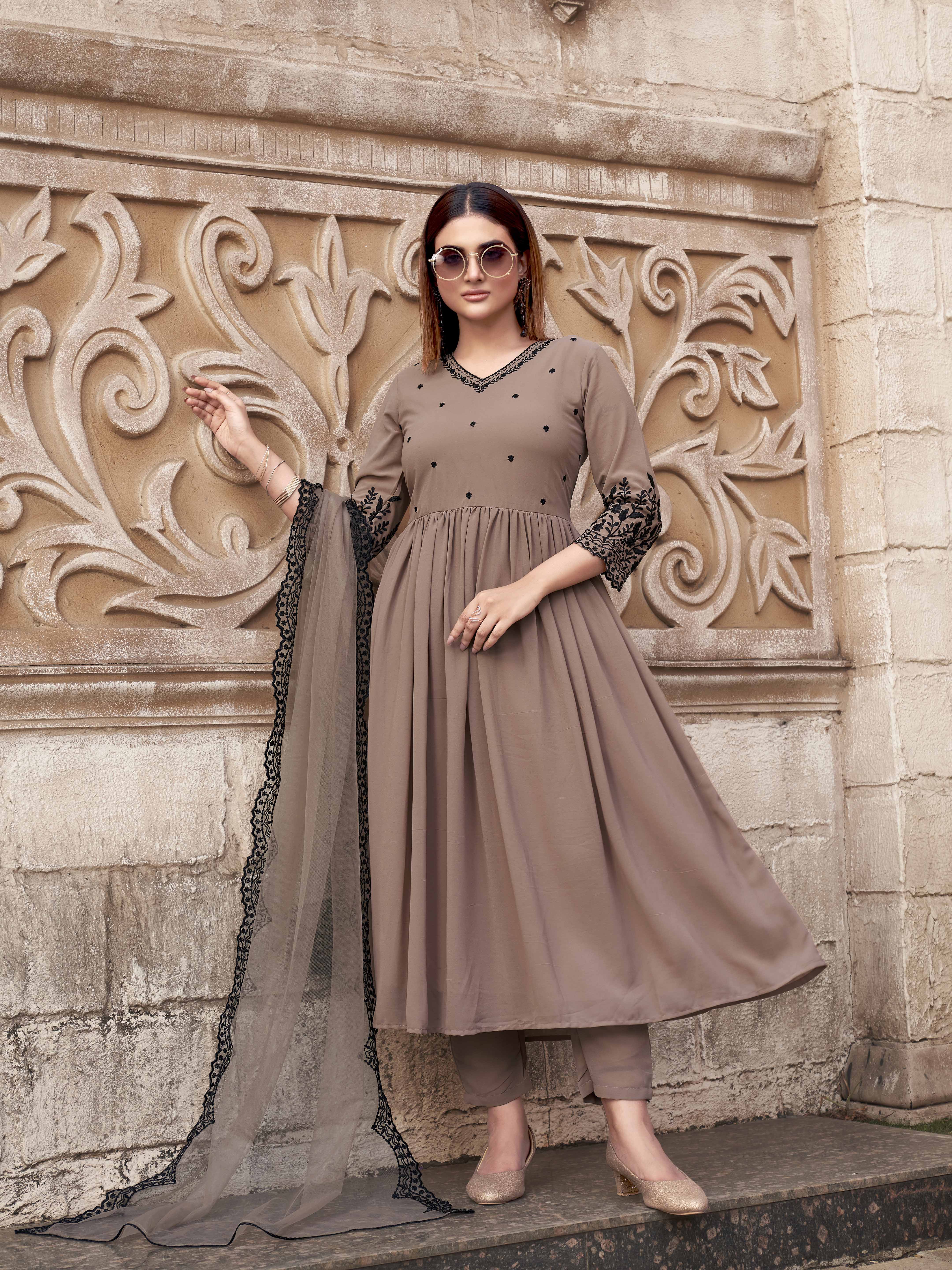 Nude Color Georgette With Black Thread Embroidery Flared Kurta Set
