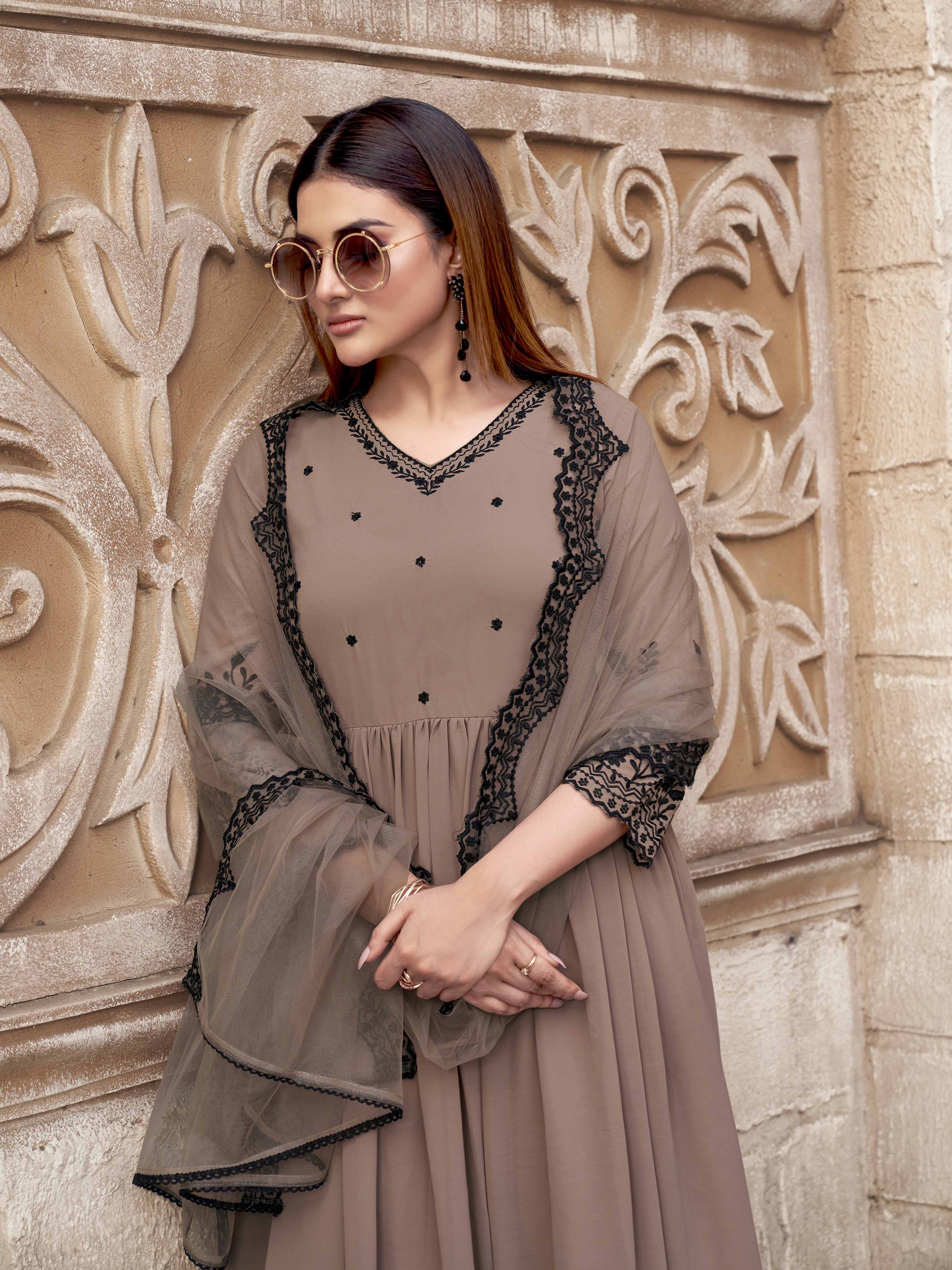 Nude Color Georgette With Black Thread Embroidery Flared Kurta Set