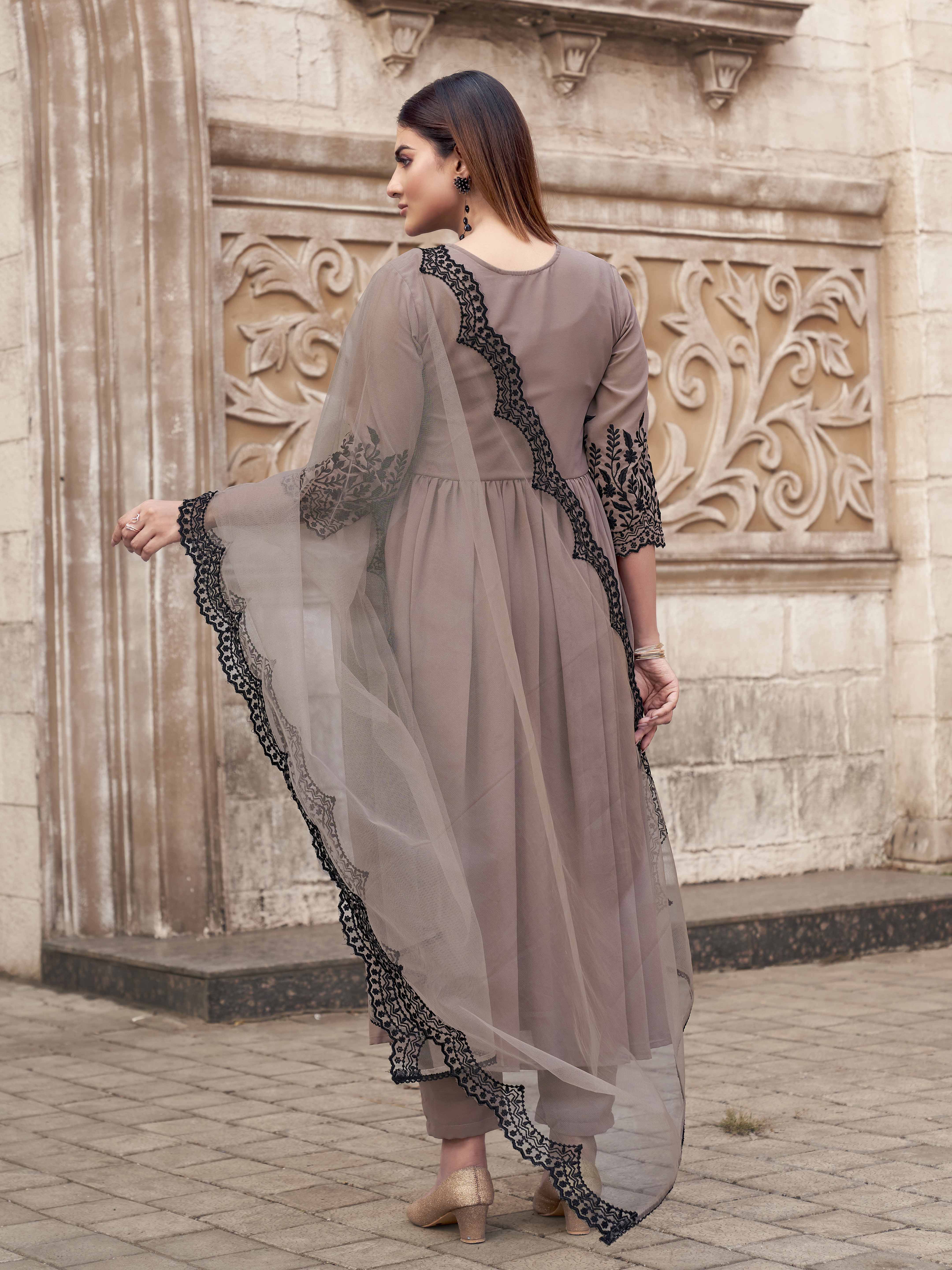 Nude Color Georgette With Black Thread Embroidery Flared Kurta Set