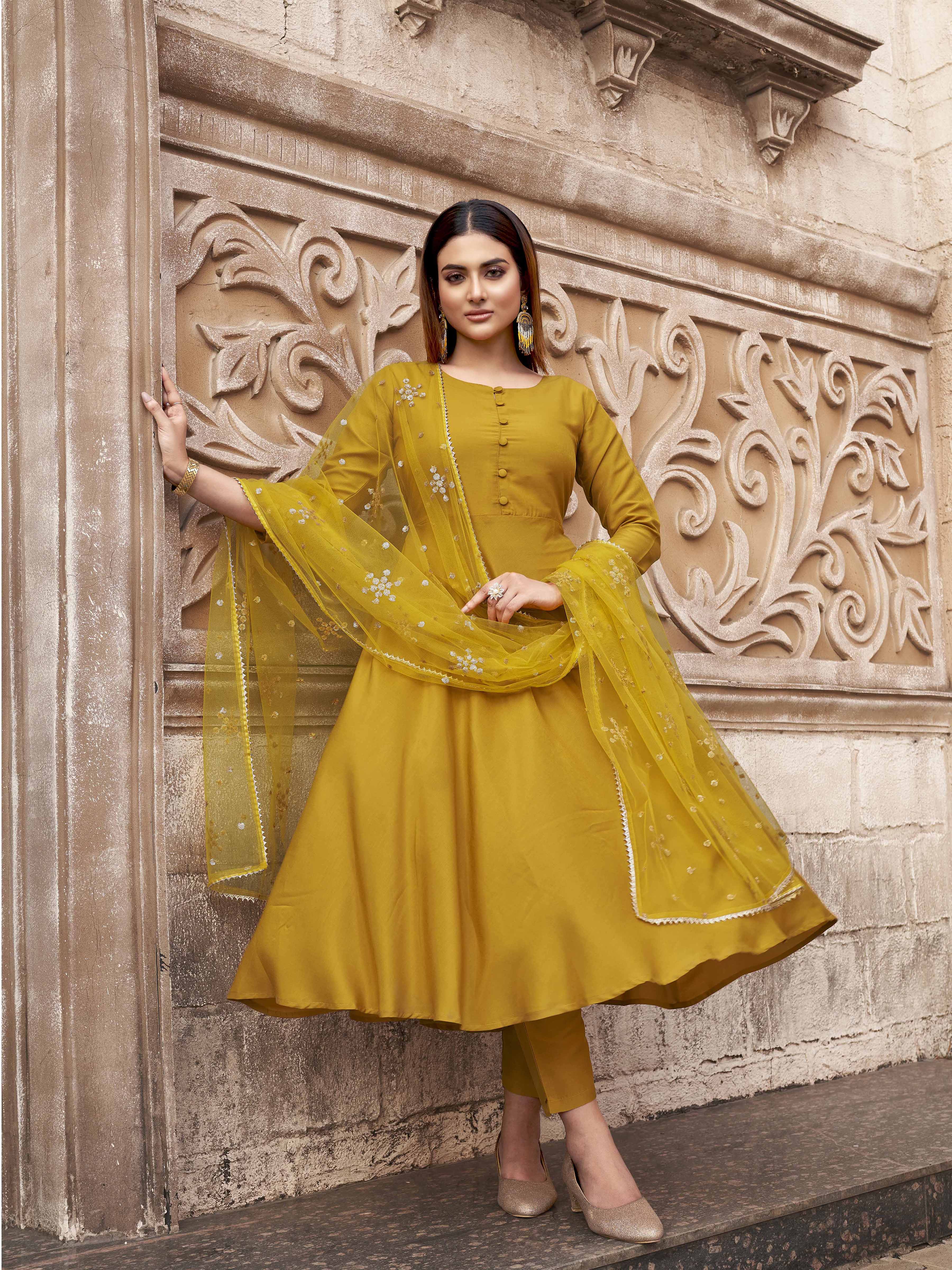Yellow Color Chinon Solid Flared Kurta Set With Sequinns Dupatta