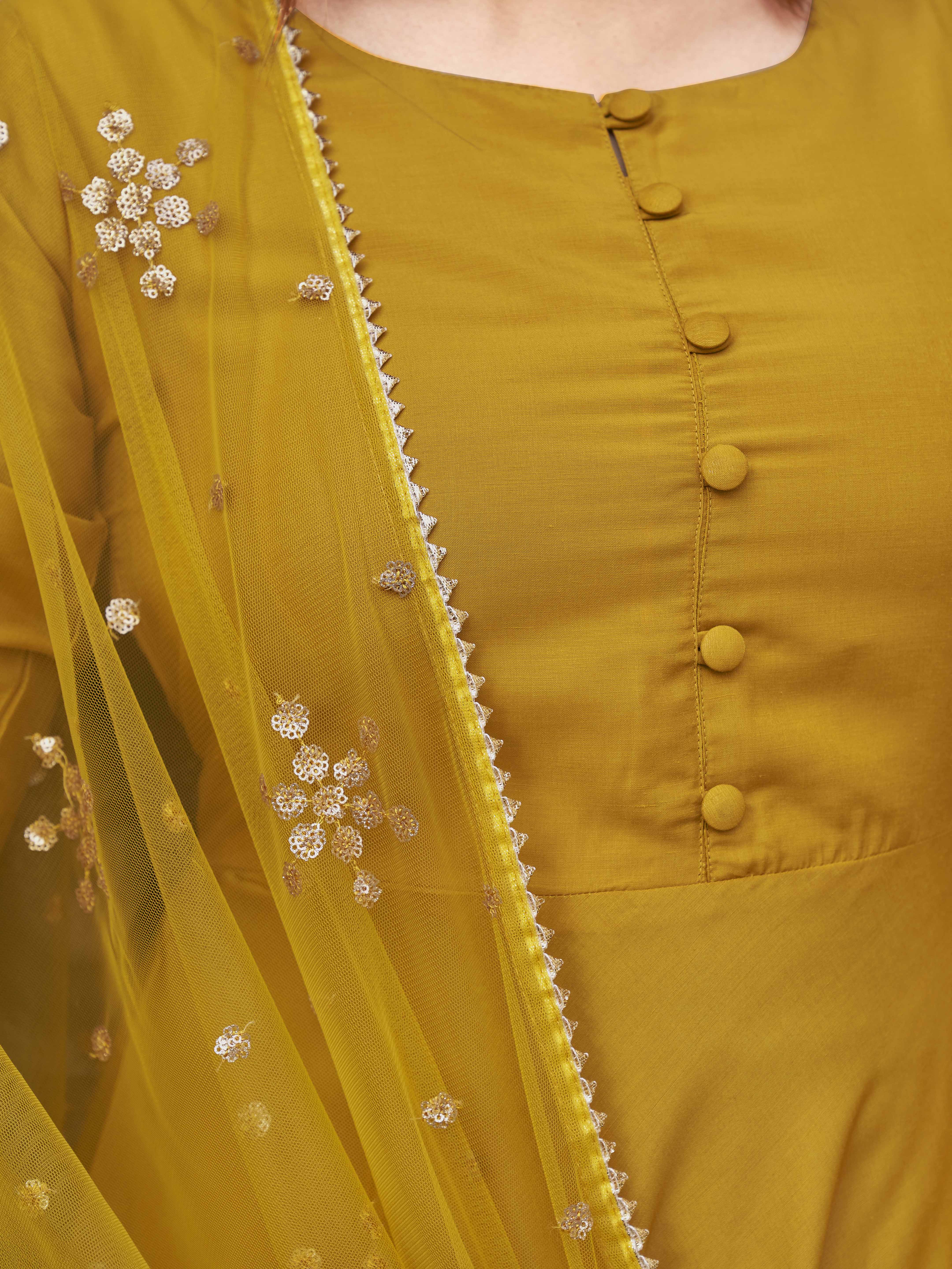 Yellow Color Chinon Solid Flared Kurta Set With Sequinns Dupatta