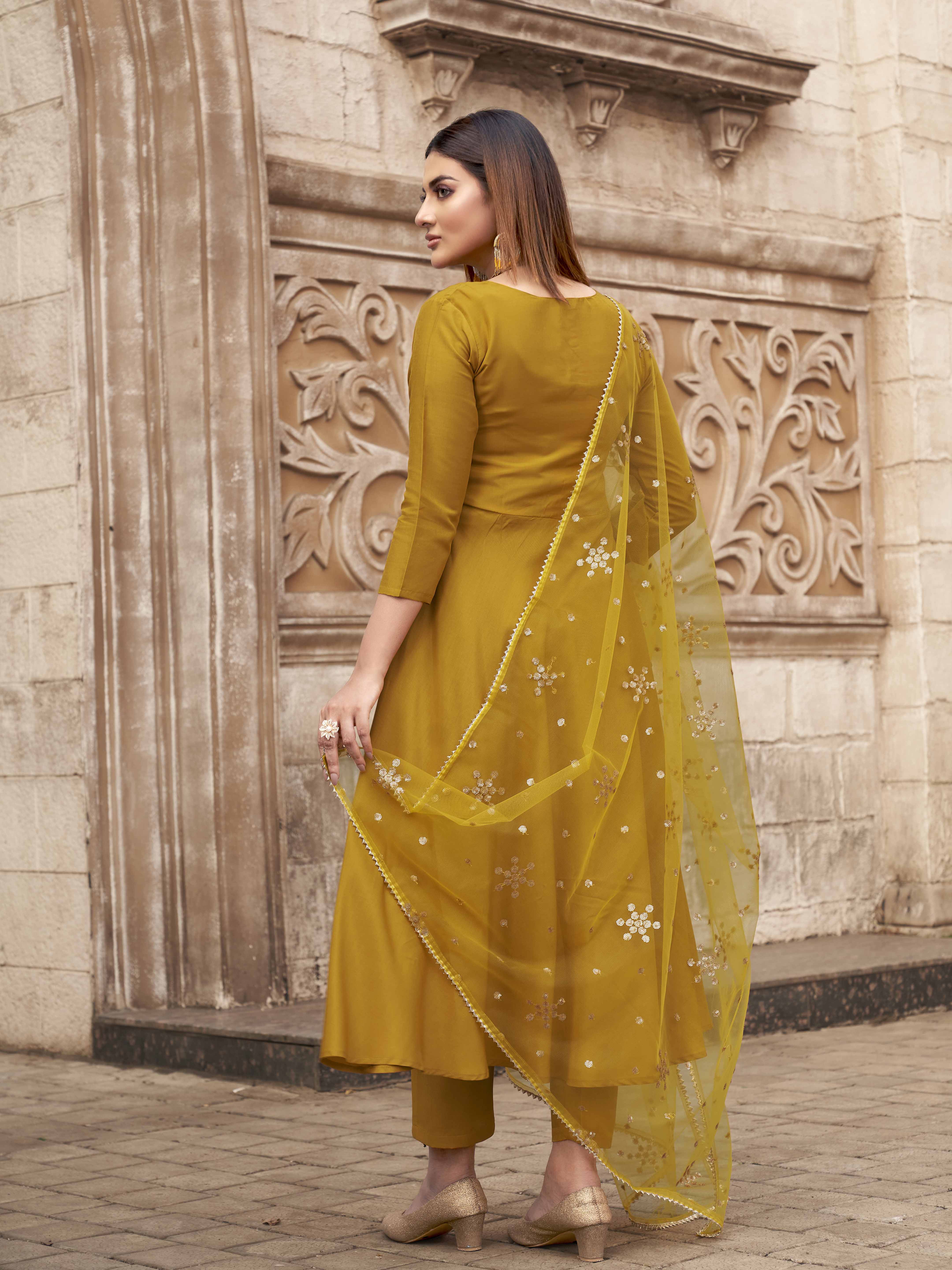 Yellow Color Chinon Solid Flared Kurta Set With Sequinns Dupatta