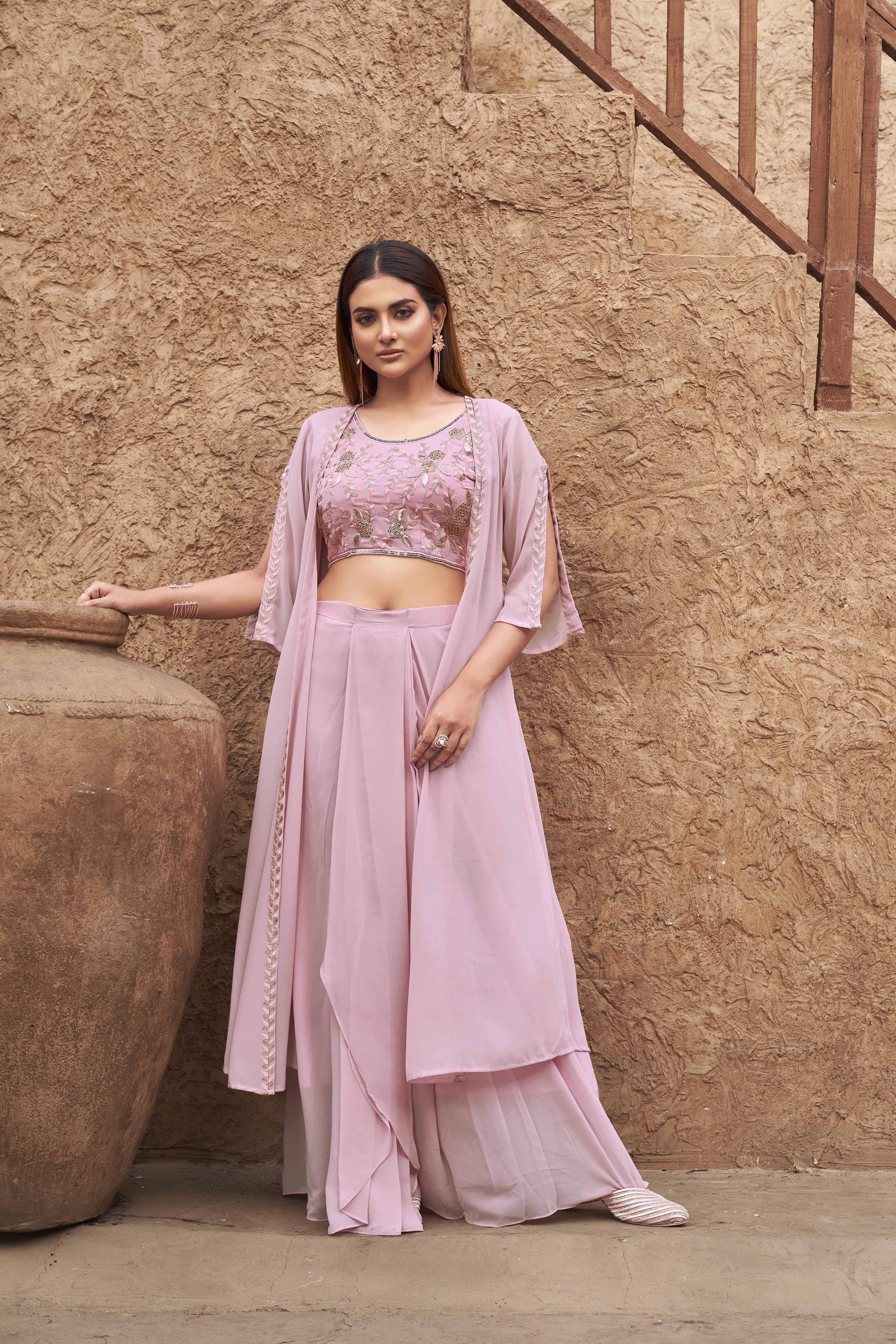 Pink Georgette 3PC Shrug Set With Gota & Sequinns Embroidery