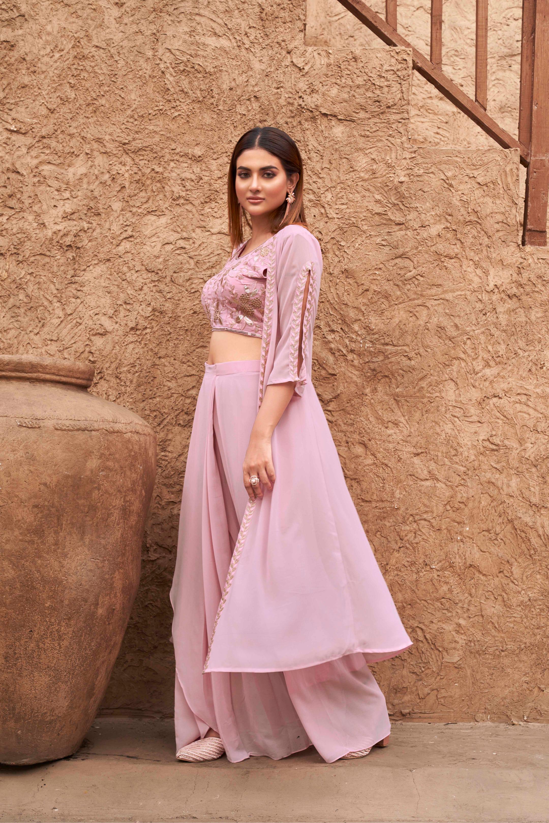Pink Georgette 3PC Shrug Set With Gota & Sequinns Embroidery