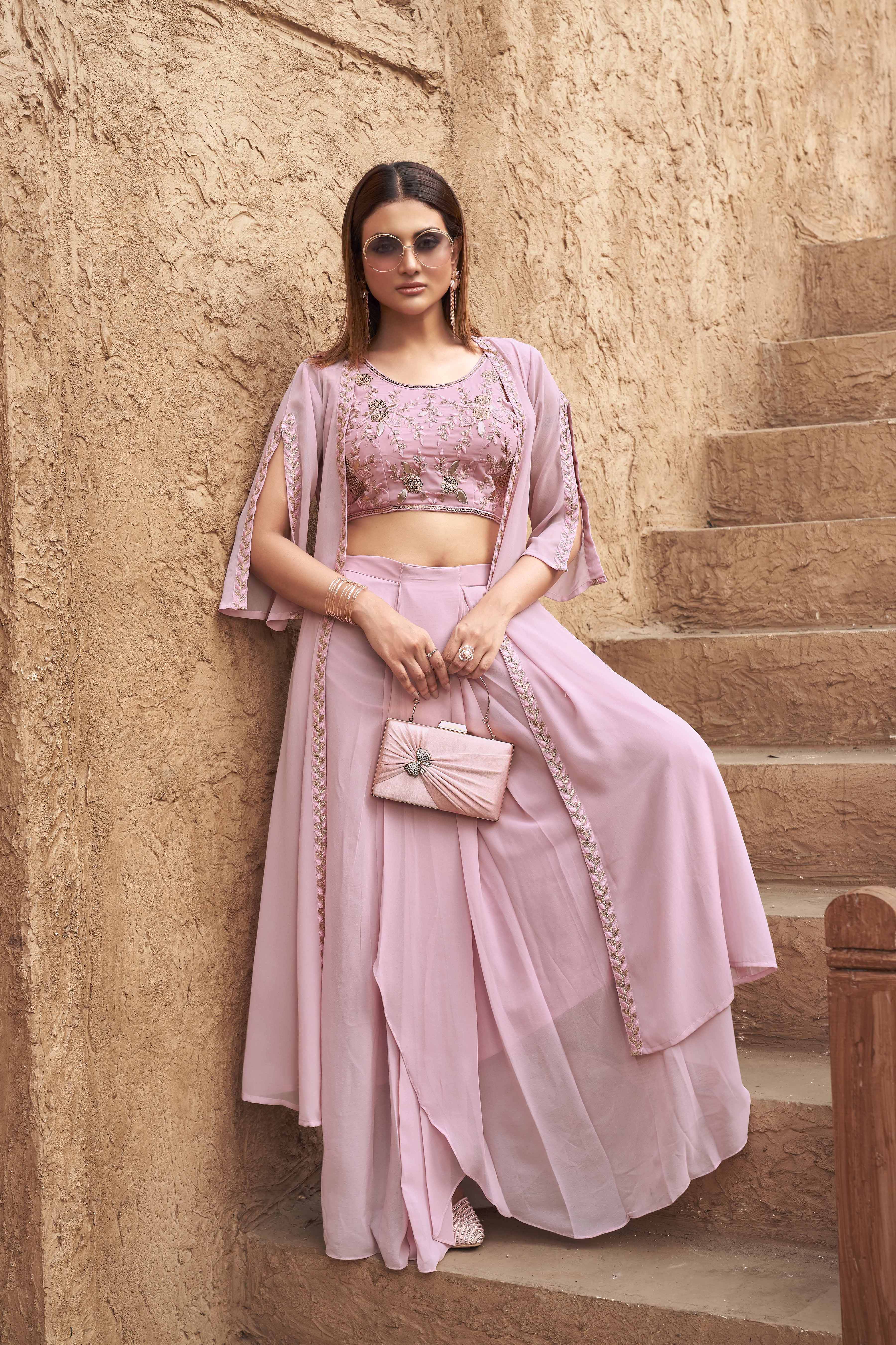 Pink Georgette 3PC Shrug Set With Gota & Sequinns Embroidery