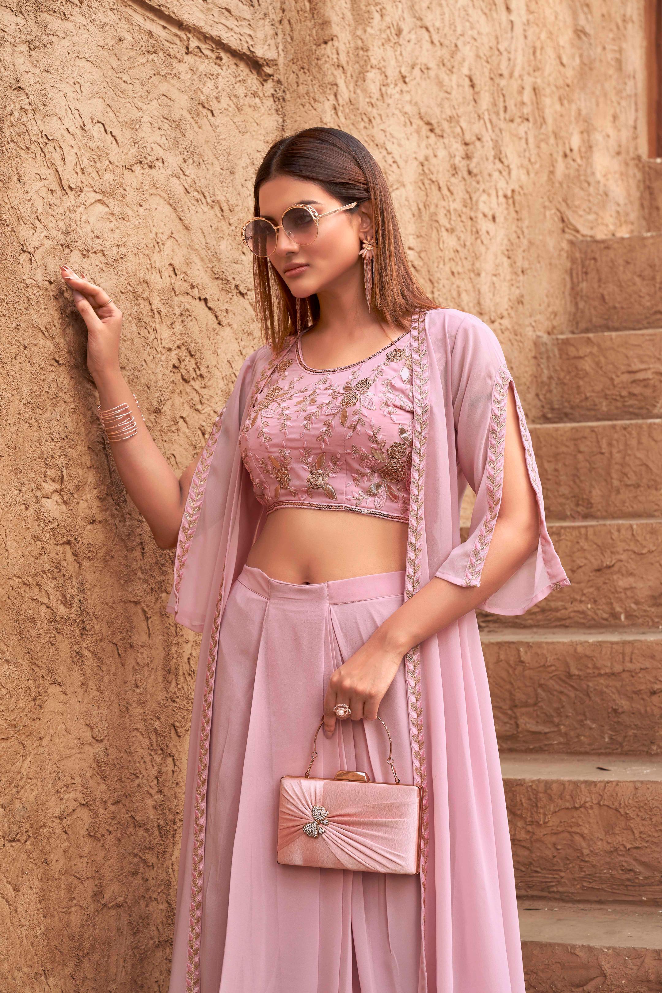 Pink Georgette 3PC Shrug Set With Gota & Sequinns Embroidery