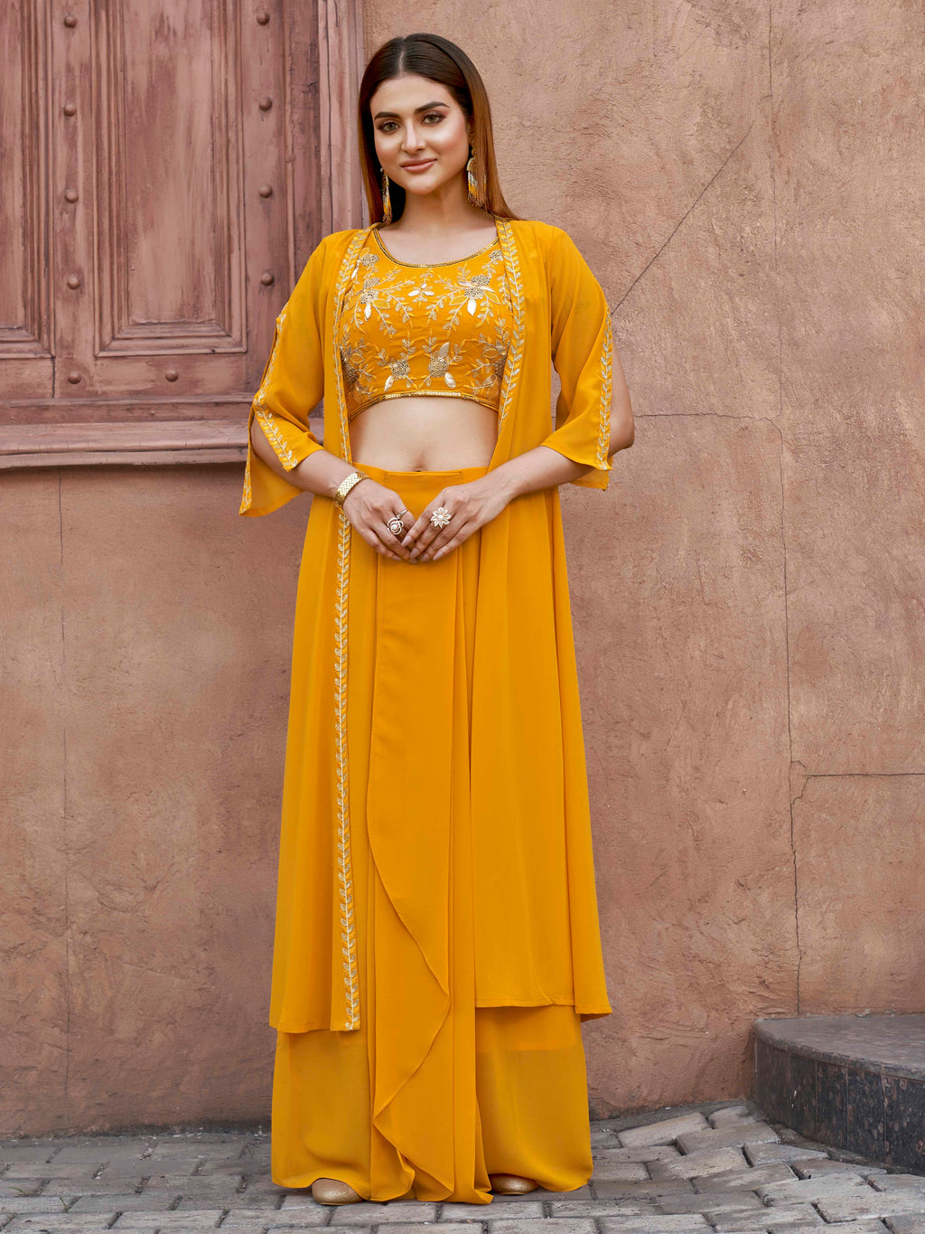 Yellow Georgette 3PC Shrug Set With Gota & Sequinns Embroidery