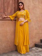 Yellow Georgette 3PC Shrug Set With Gota & Sequinns Embroidery
