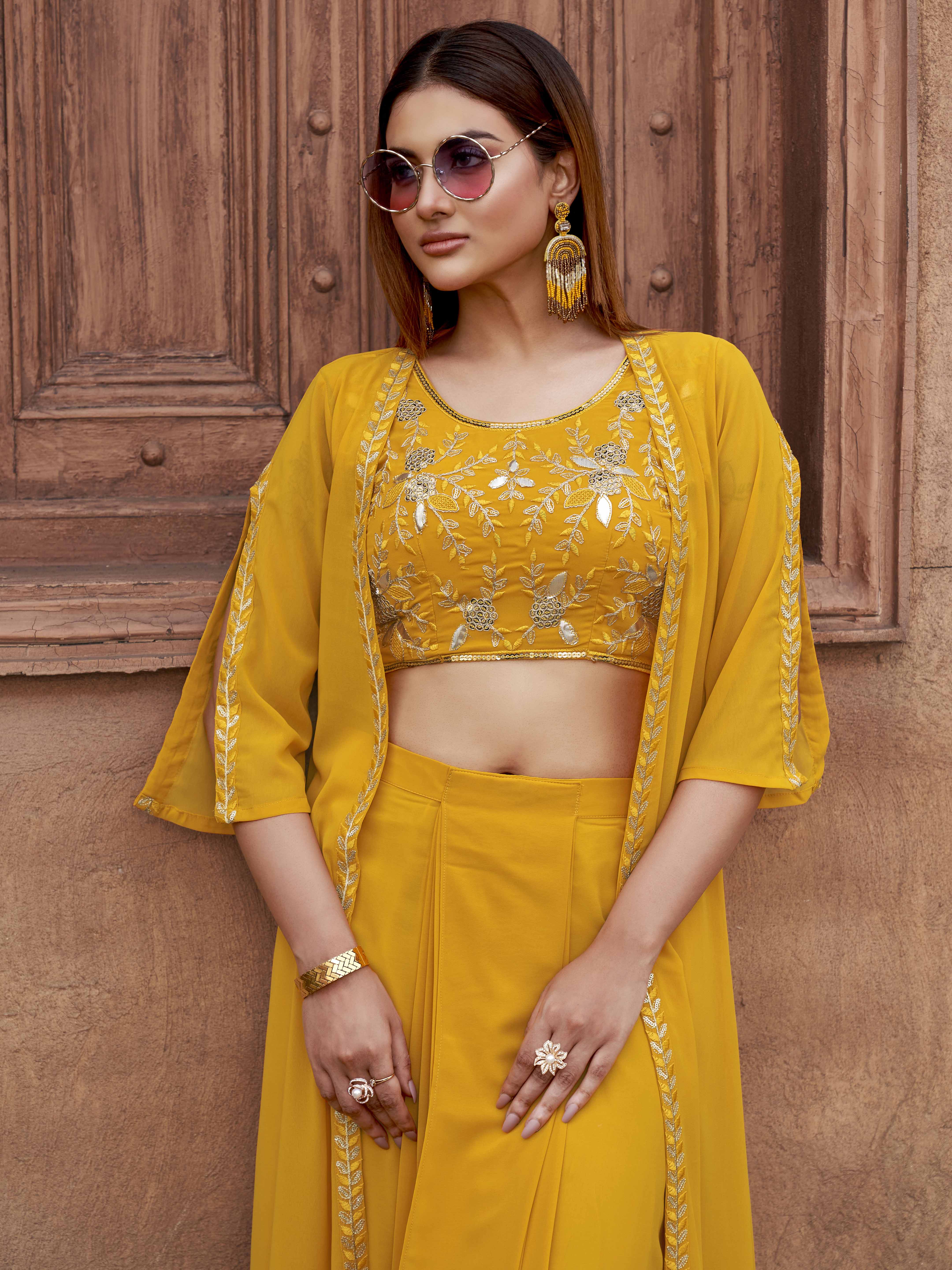 Yellow Georgette 3PC Shrug Set With Gota & Sequinns Embroidery