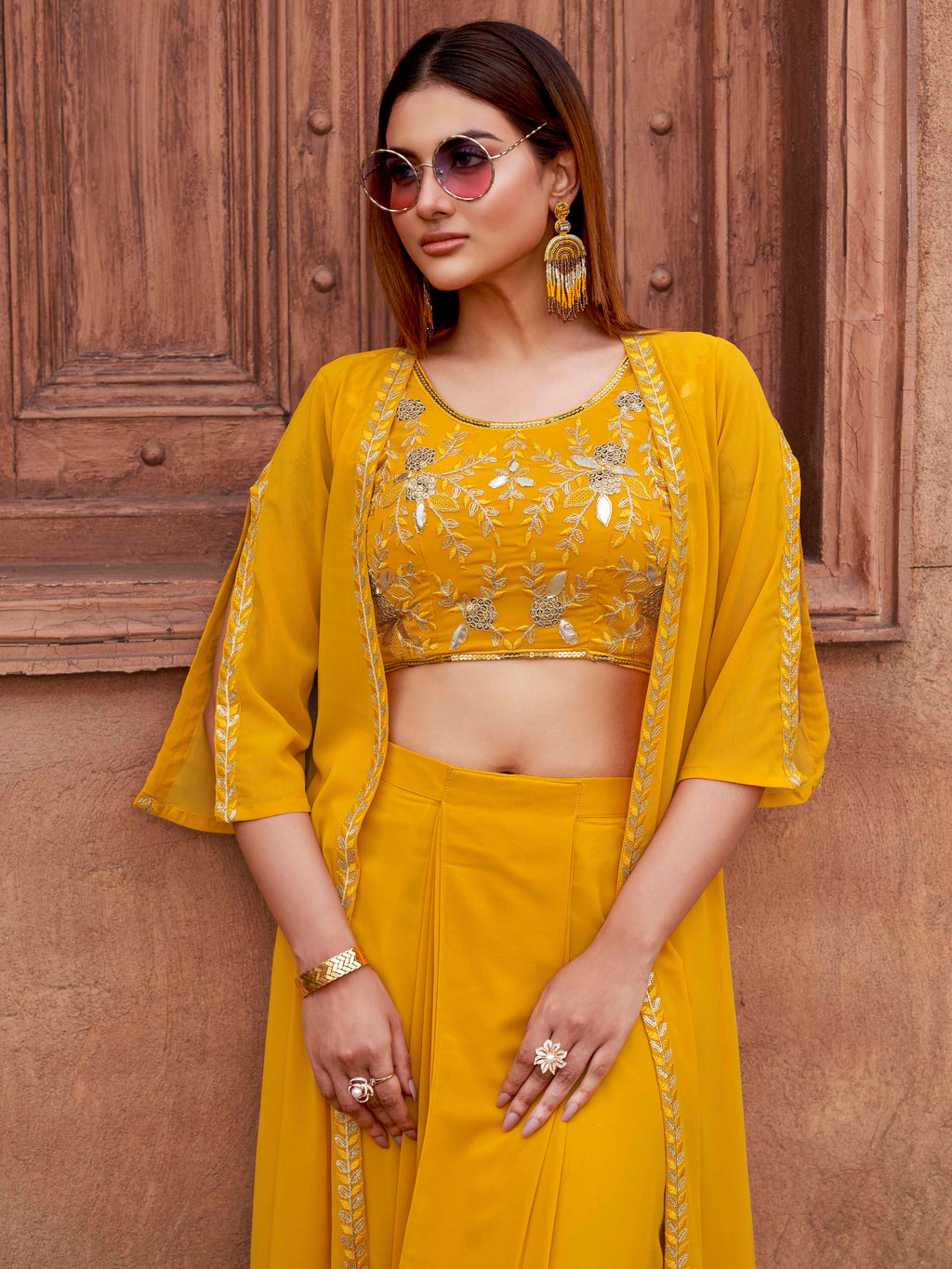 Yellow Georgette 3PC Shrug Set With Gota & Sequinns Embroidery