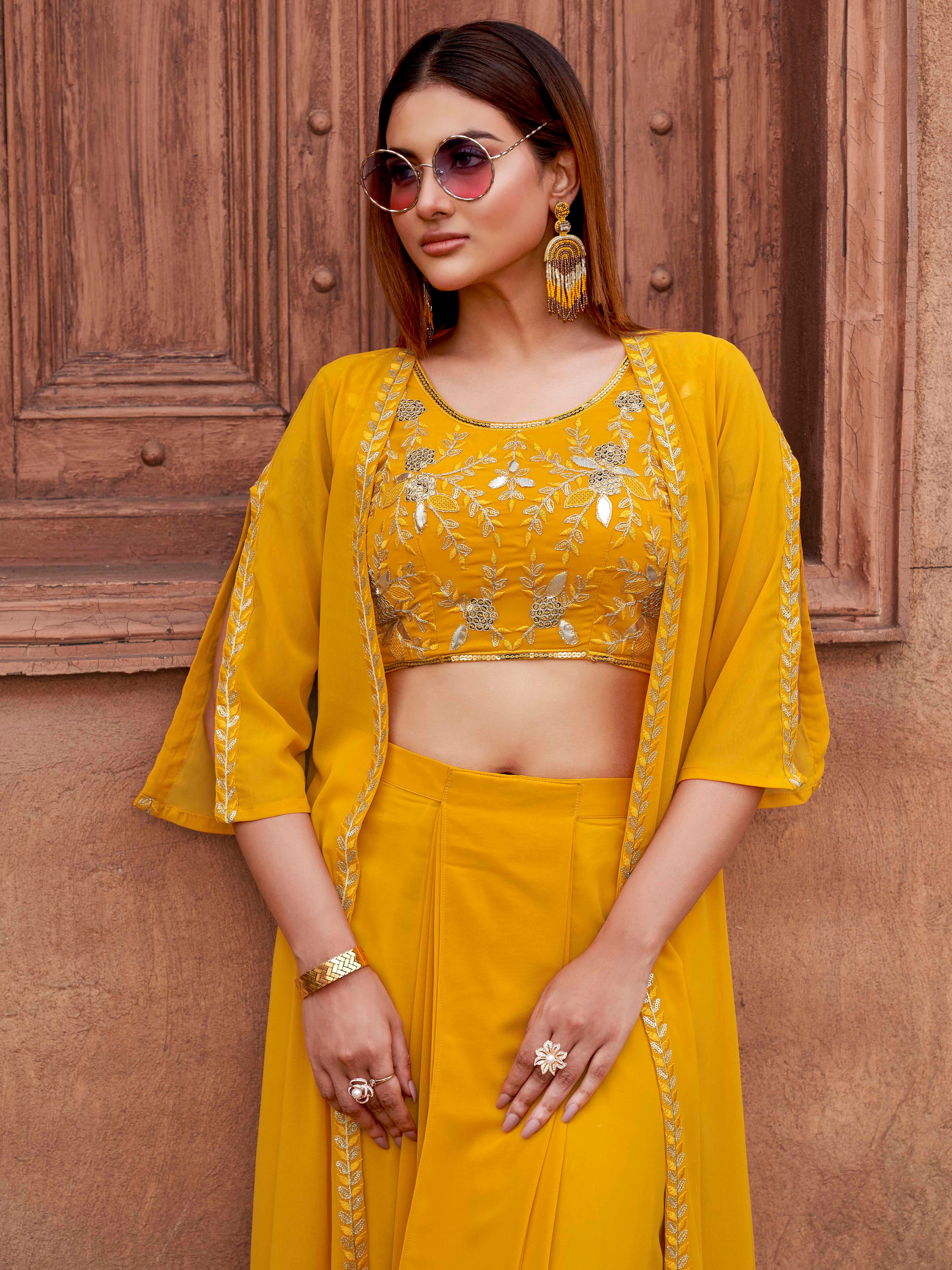 Yellow Georgette 3PC Shrug Set With Gota & Sequinns Embroidery