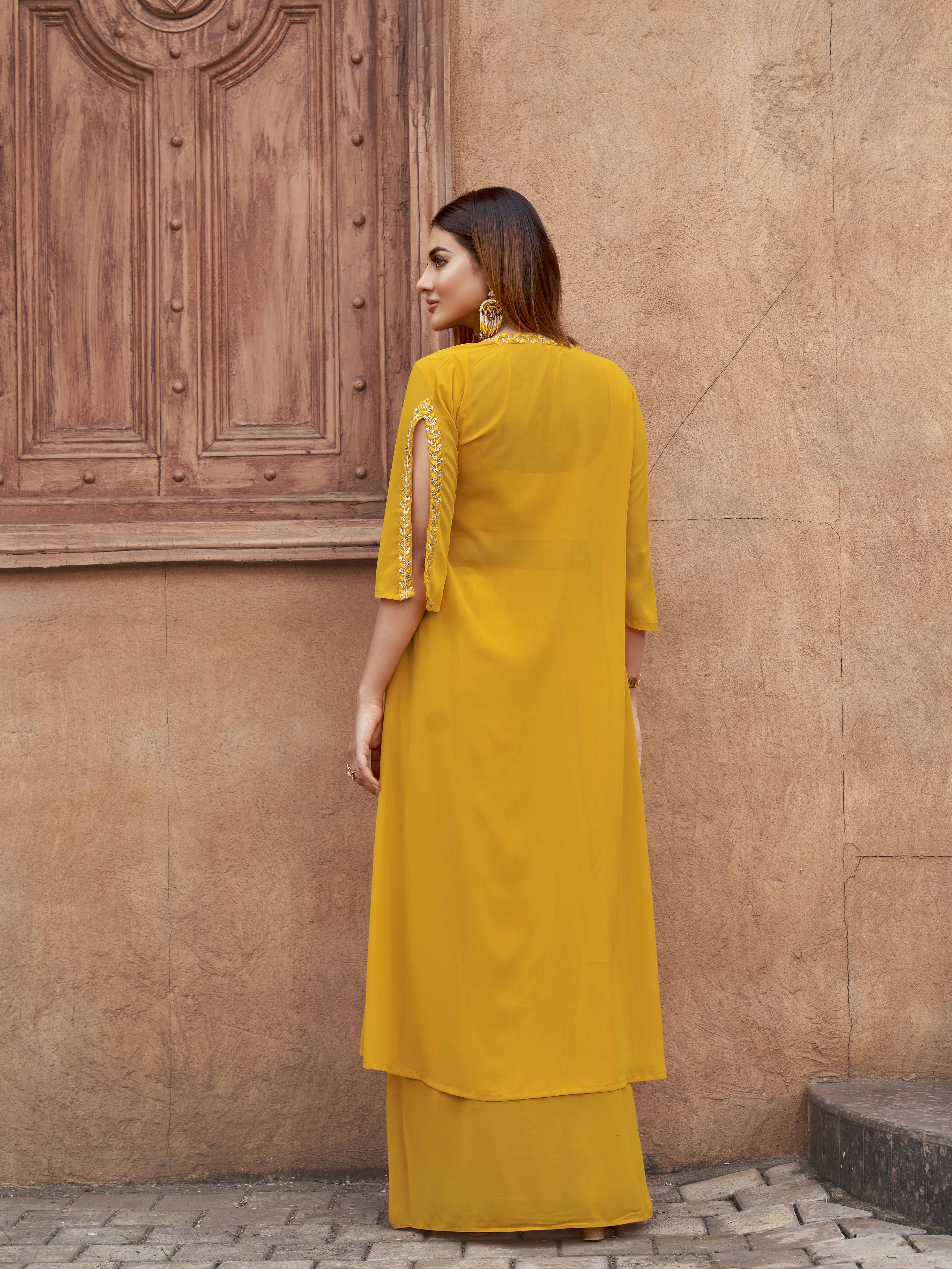 Yellow Georgette 3PC Shrug Set With Gota & Sequinns Embroidery