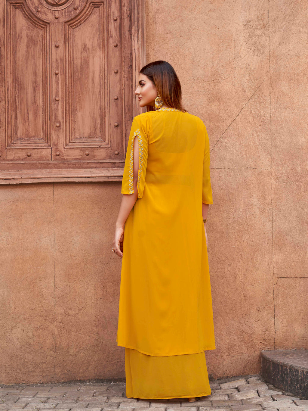 Yellow Georgette 3PC Shrug Set With Gota & Sequinns Embroidery