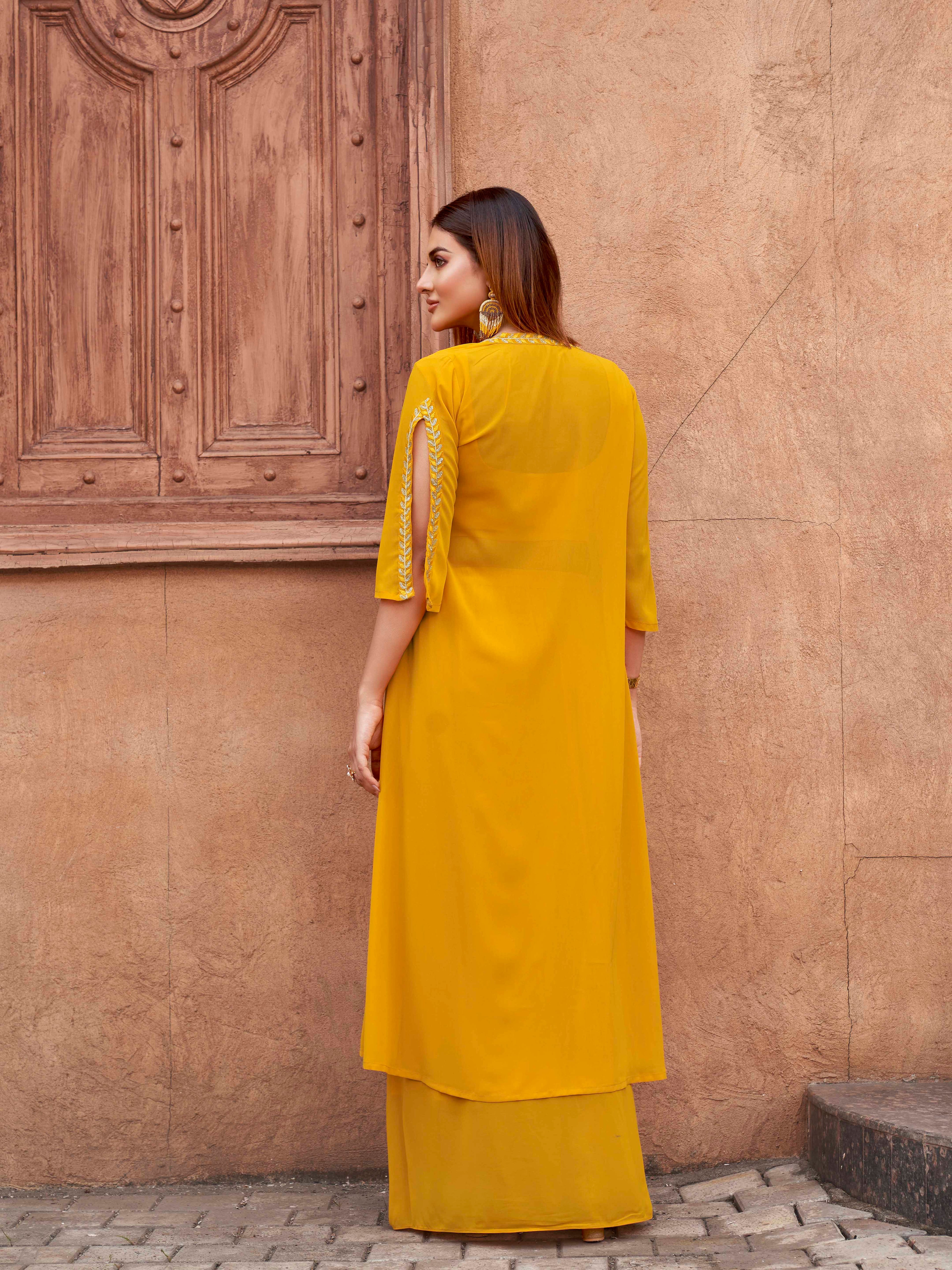 Yellow Georgette 3PC Shrug Set With Gota & Sequinns Embroidery