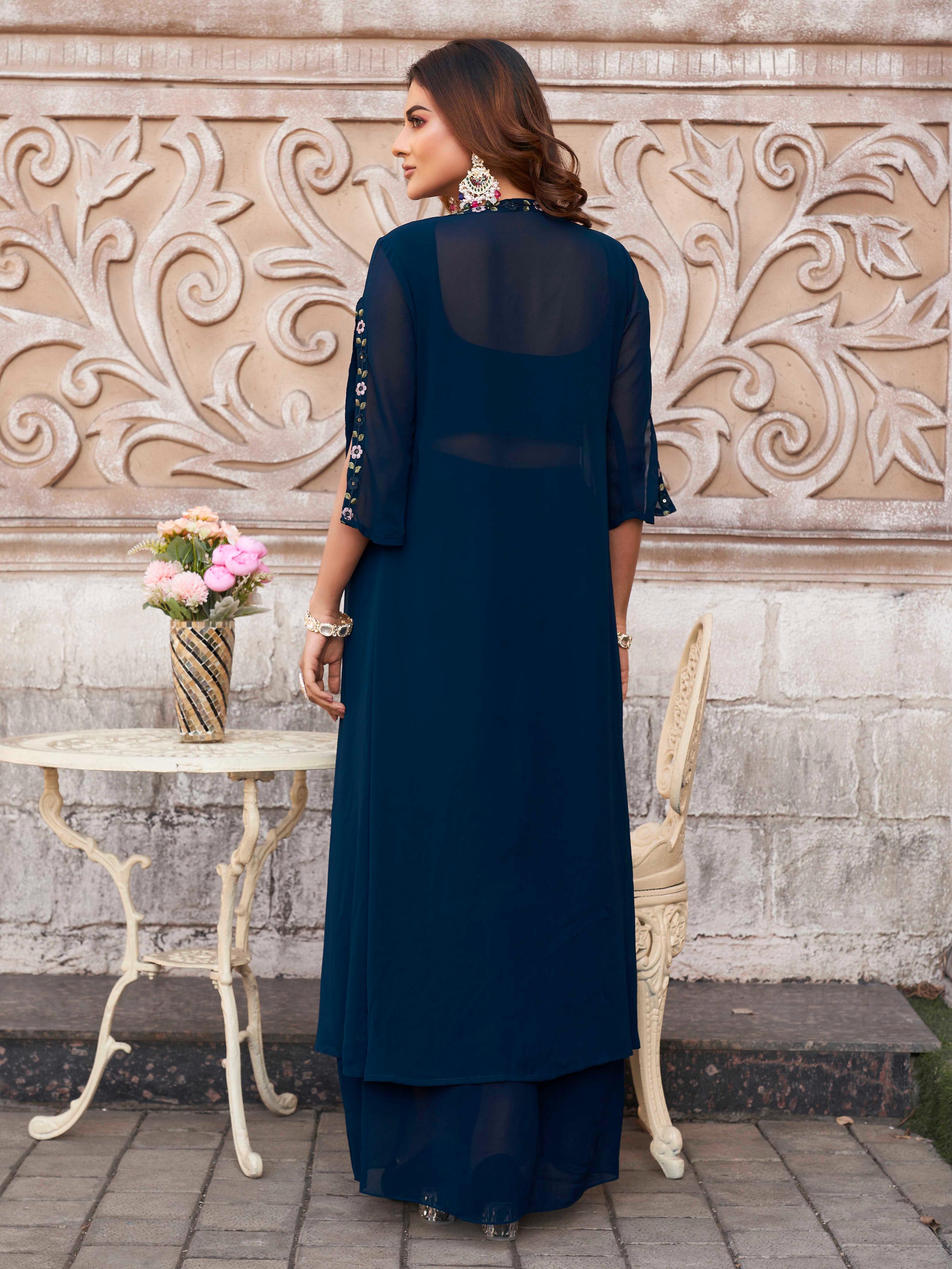 NAVY BLUE COLOR GEORGETTE 3PC SHRUG SET WITH MULTI COLOR THREAD EMBROIDERY