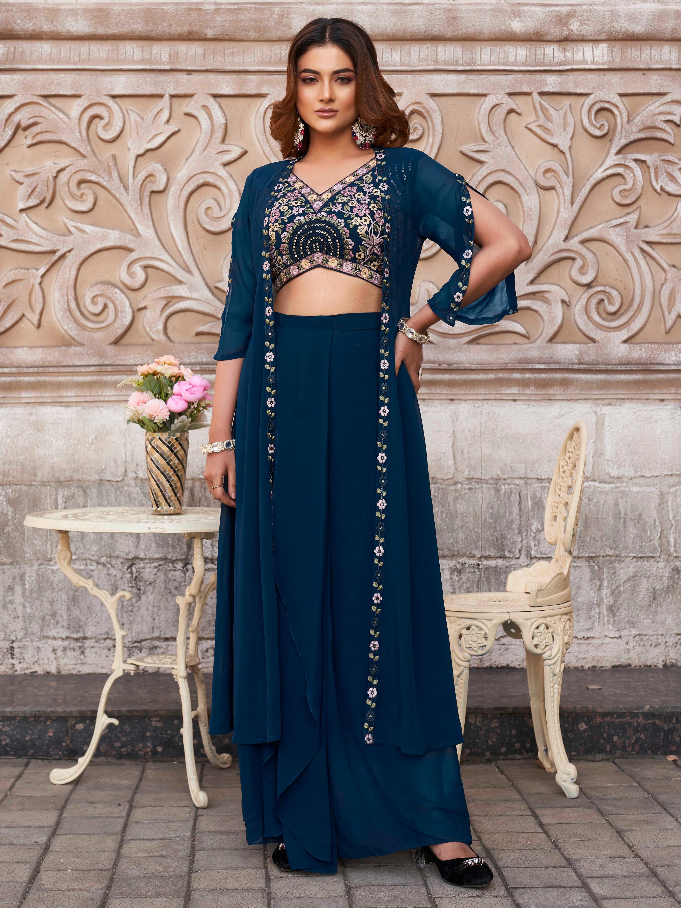 NAVY BLUE COLOR GEORGETTE 3PC SHRUG SET WITH MULTI COLOR THREAD EMBROIDERY