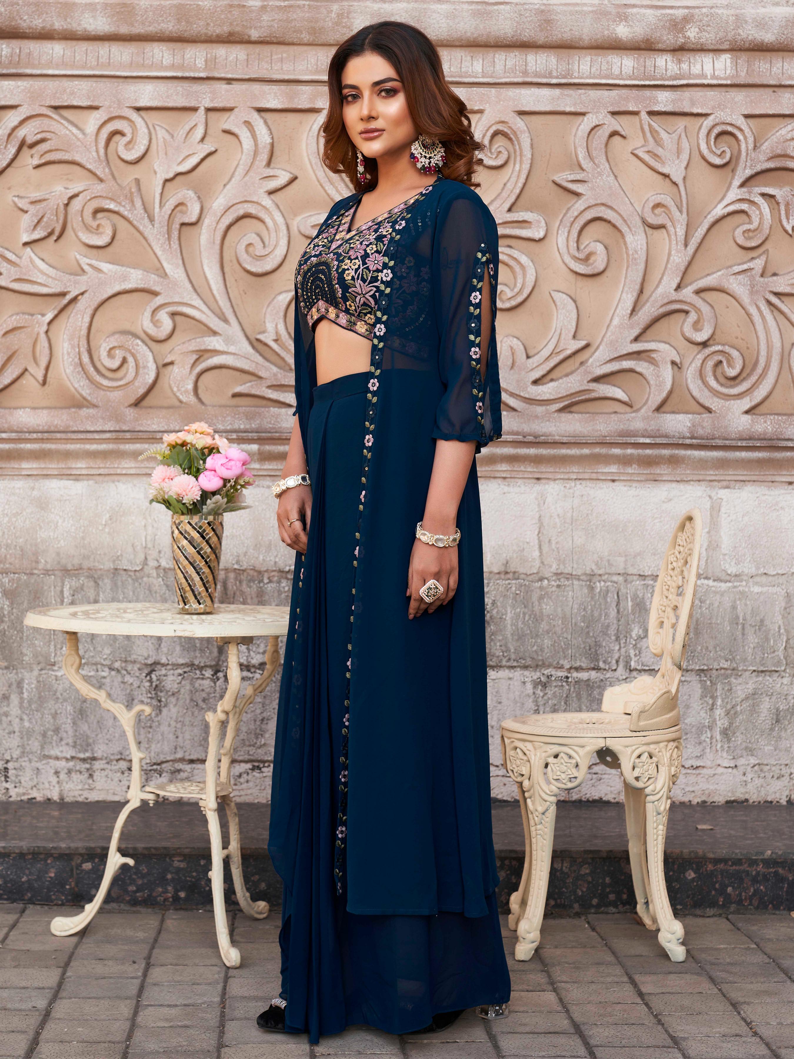 NAVY BLUE COLOR GEORGETTE 3PC SHRUG SET WITH MULTI COLOR THREAD EMBROIDERY