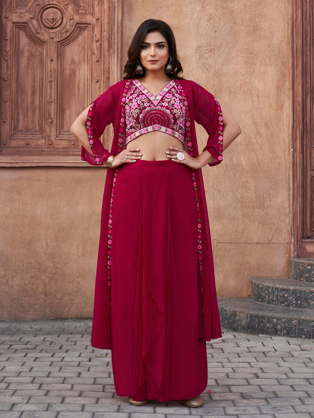 FUSCHIA COLOR GEORGETTE 3PC SHRUG SET WITH MULTI COLOR THREAD EMBROIDERY