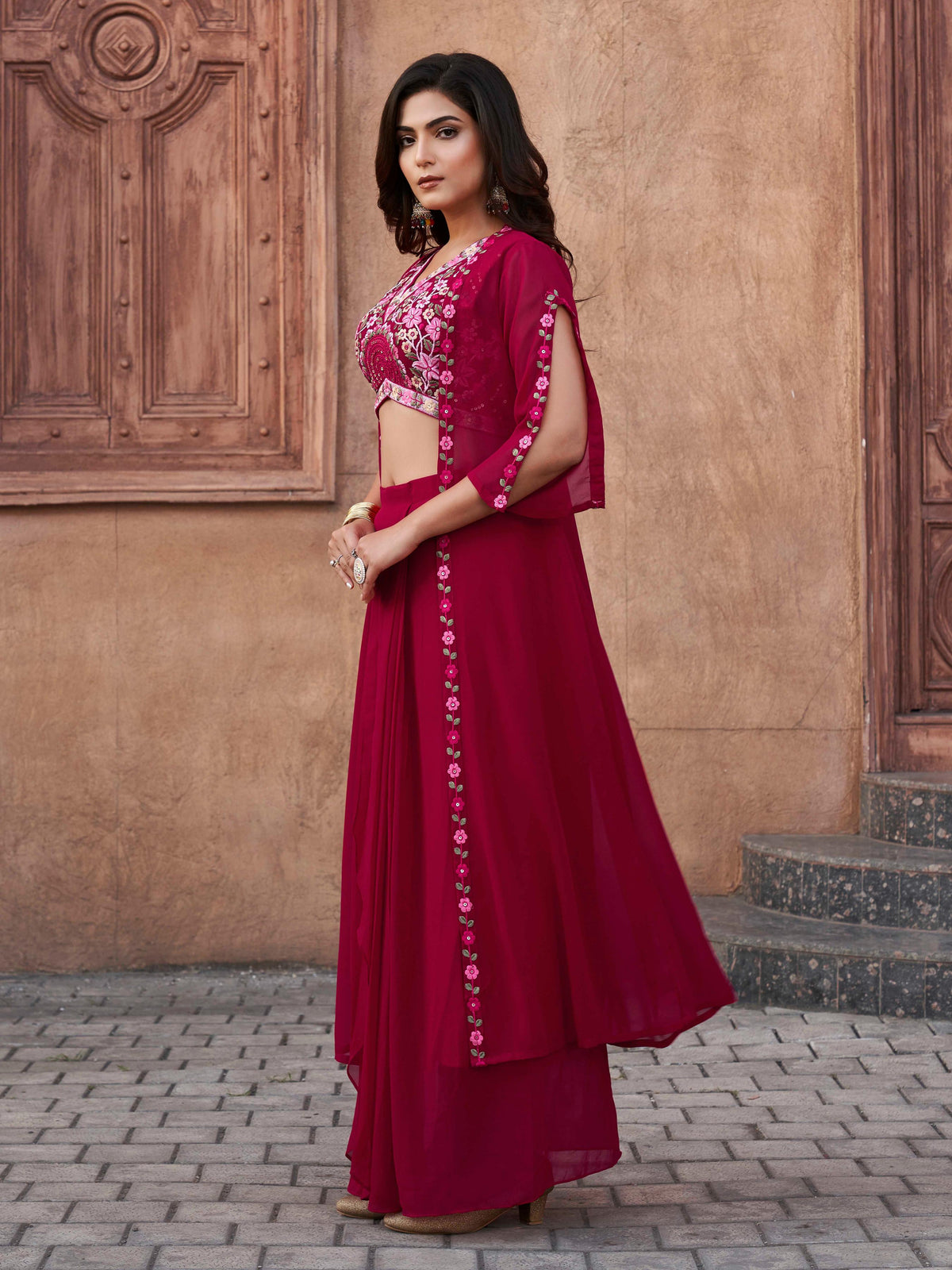 FUSCHIA COLOR GEORGETTE 3PC SHRUG SET WITH MULTI COLOR THREAD EMBROIDERY