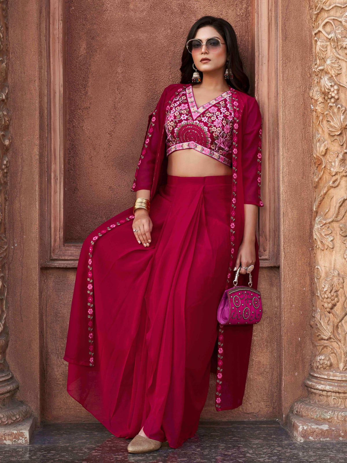 FUSCHIA COLOR GEORGETTE 3PC SHRUG SET WITH MULTI COLOR THREAD EMBROIDERY