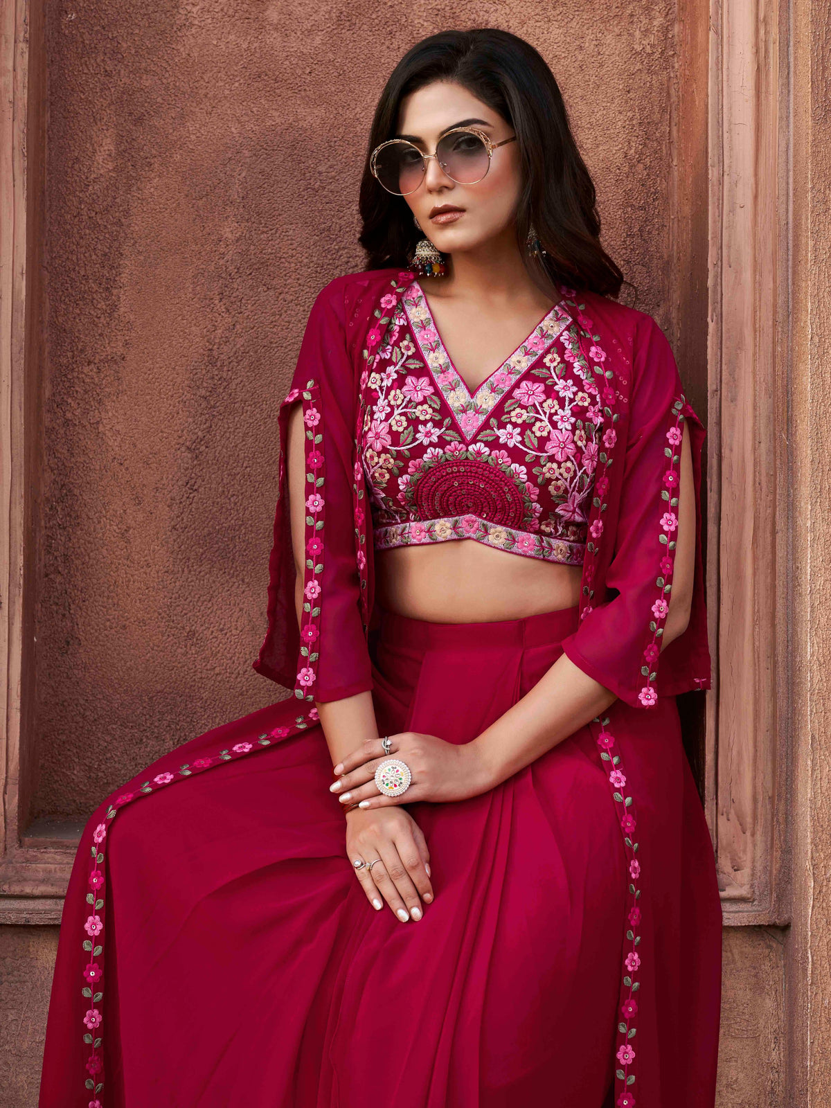 FUSCHIA COLOR GEORGETTE 3PC SHRUG SET WITH MULTI COLOR THREAD EMBROIDERY