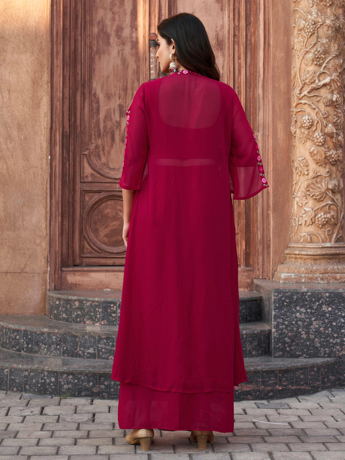 FUSCHIA COLOR GEORGETTE 3PC SHRUG SET WITH MULTI COLOR THREAD EMBROIDERY