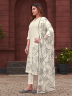 White Color Pure Cotton With Heavy Dupatta & Black Thread Embroidery Kurta Set
