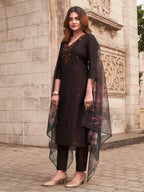 BROWN COLOR SILK BLEND WITH PRINTED DUPATTA AND TAN COLOR EMBROIDERED KURTASET