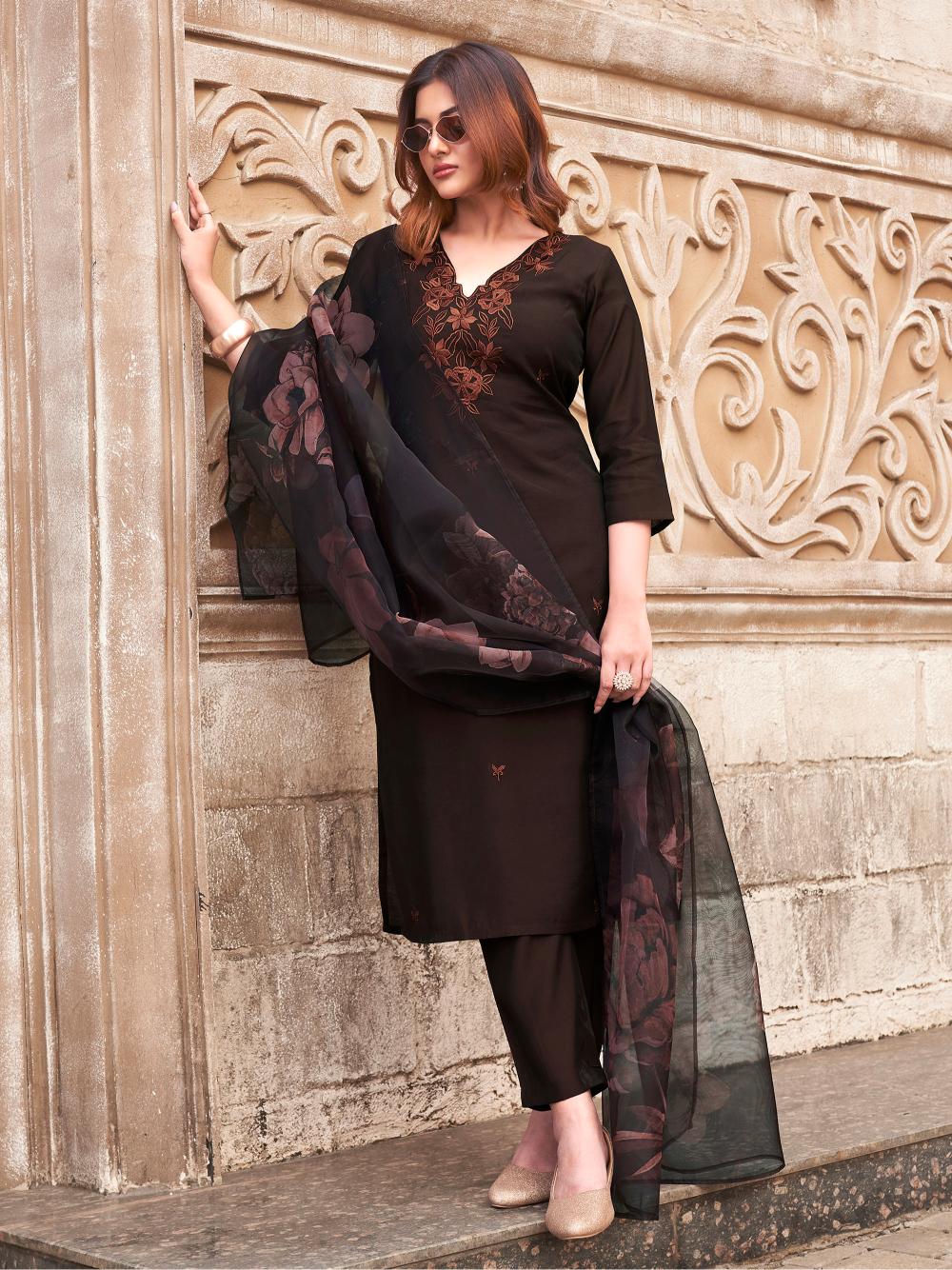 BROWN COLOR SILK BLEND WITH PRINTED DUPATTA AND TAN COLOR EMBROIDERED KURTASET