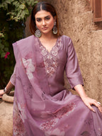 Mauve Color Silk Blend With Printed Dupatta & Light Shade Embroidery Kurta Set