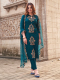 Teal Cotton Blend With Brown Tone Placement Embroidery Keyhole Kurta Set