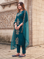 Teal Cotton Blend With Brown Tone Placement Embroidery Keyhole Kurta Set