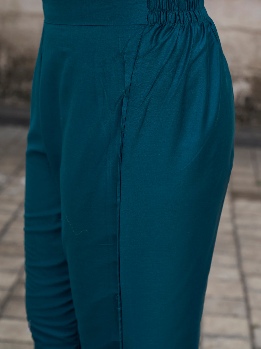 Teal Cotton Blend With Brown Tone Placement Embroidery Keyhole Kurta Set