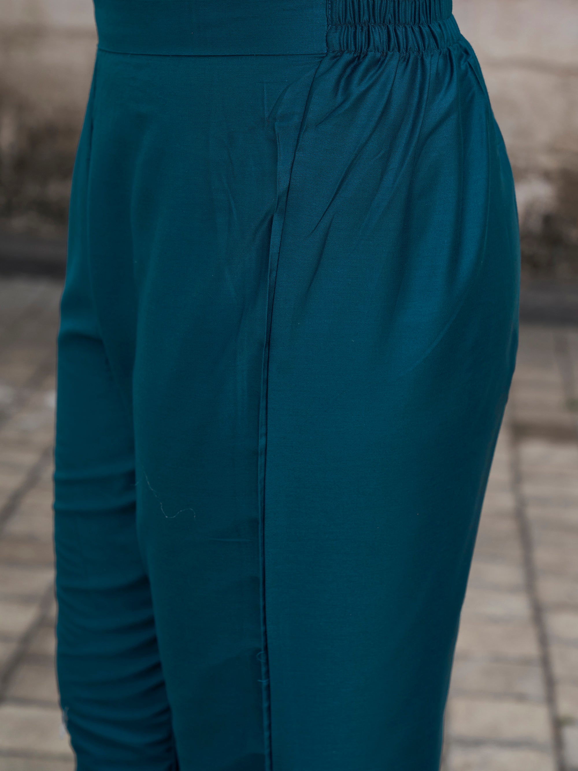 Teal Cotton Blend With Brown Tone Placement Embroidery Keyhole Kurta Set